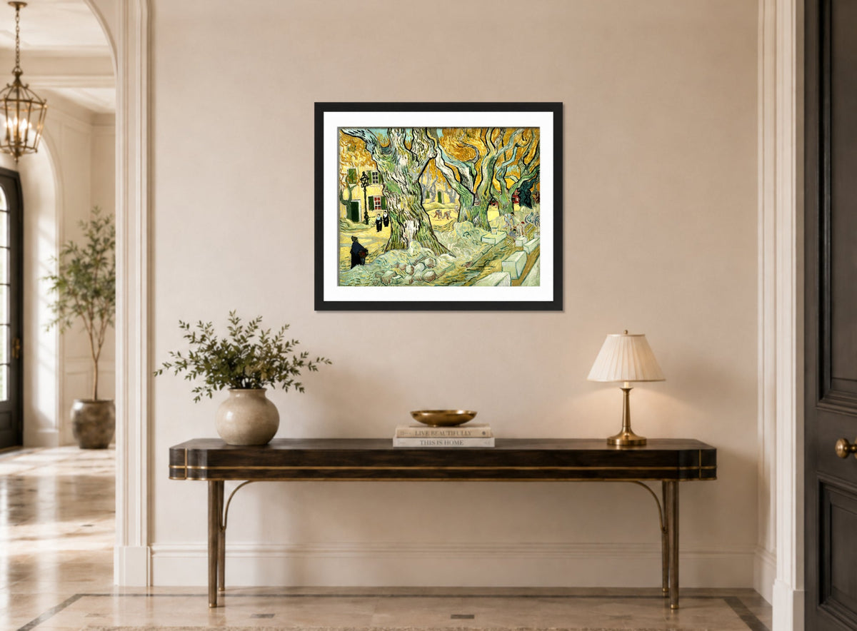 Vincent van Gogh Print, 134 The Road Menders (1889) displayed above a console table