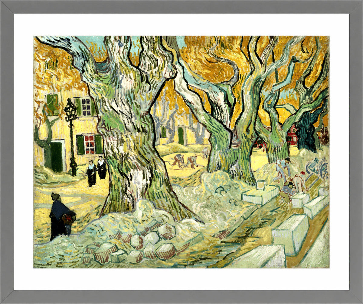Vincent van Gogh Print, 134 The Road Menders (1889) in a light grey frame