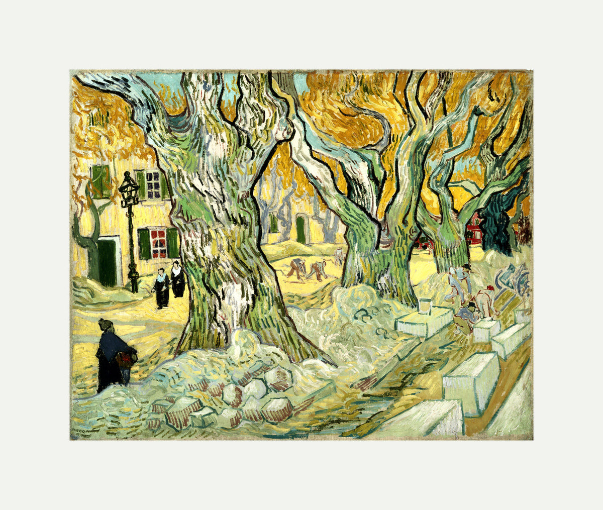 Vincent van Gogh Print, 134 The Road Menders (1889) with an off-white border for rolled canvas