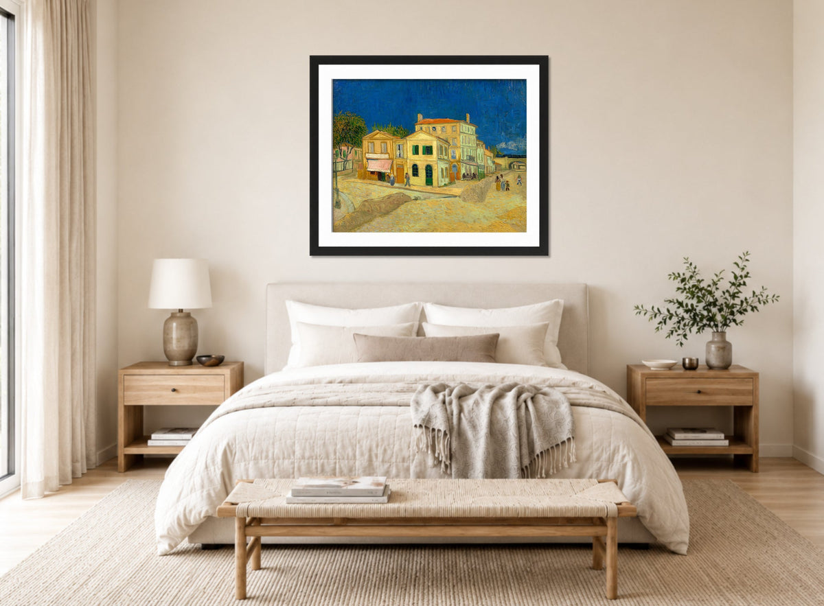 Vincent van Gogh Print, 137 the yellow house_10x8 displayed above a bed