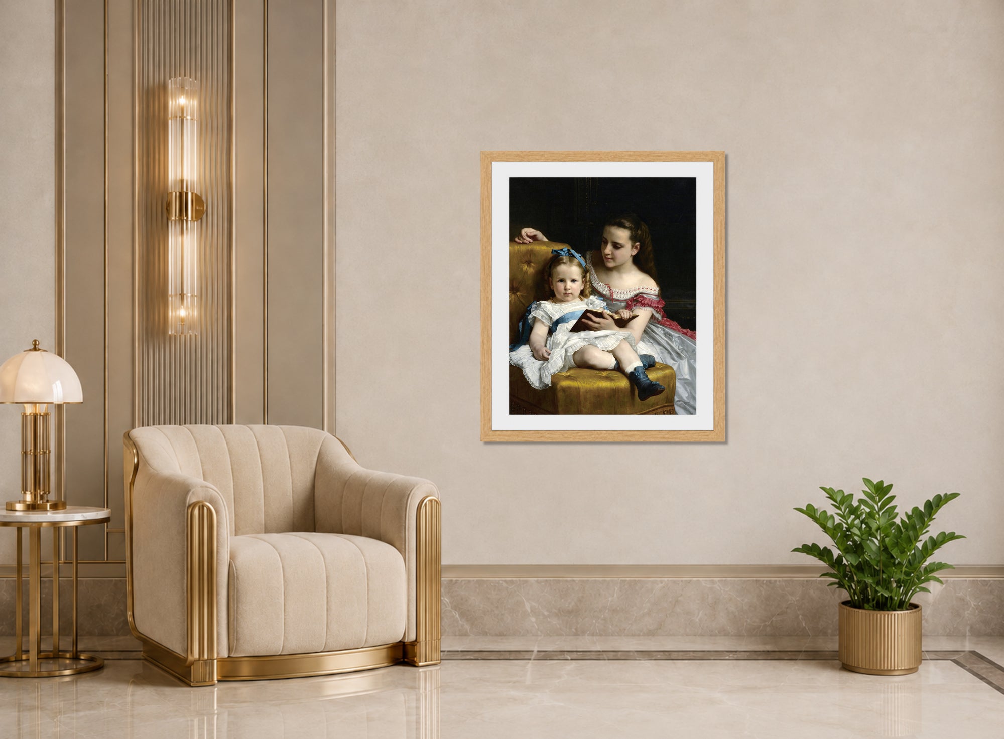 William-Adolphe Bouguereau Print, A portrait of Eva and Frances Johnston (1869) displayed in an Art Deco interior