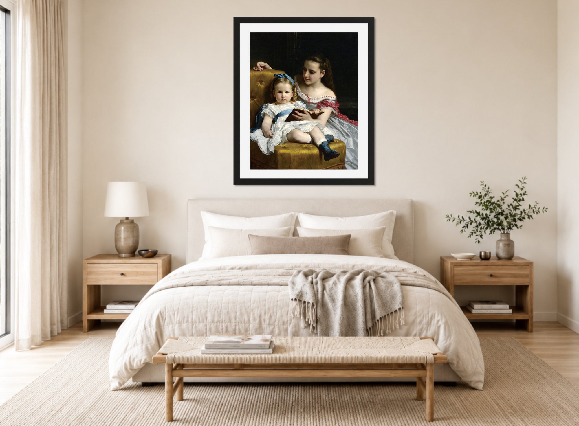 William-Adolphe Bouguereau Print, A portrait of Eva and Frances Johnston (1869) displayed above a bed