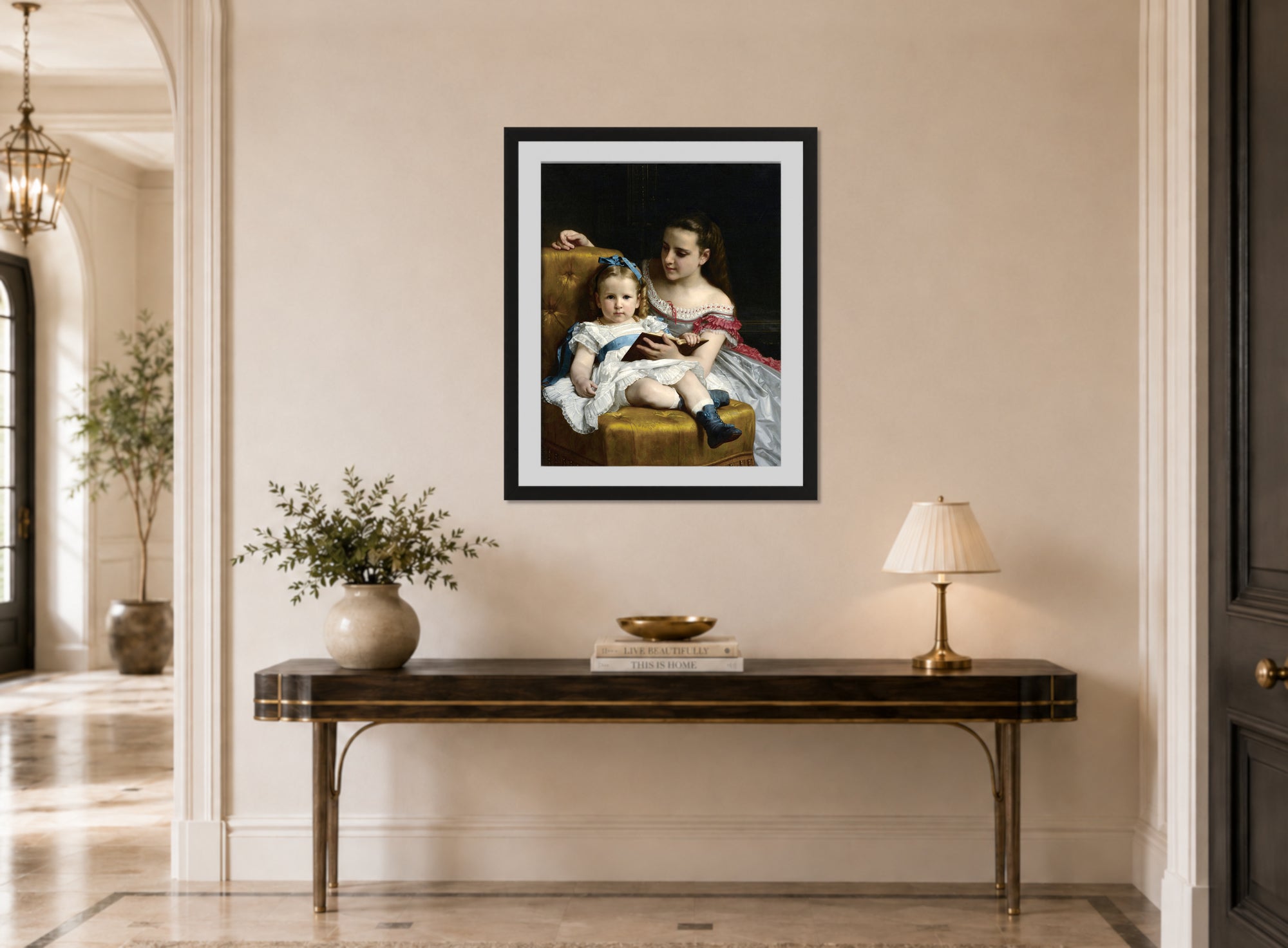 William-Adolphe Bouguereau Print, A portrait of Eva and Frances Johnston (1869) displayed above a console table