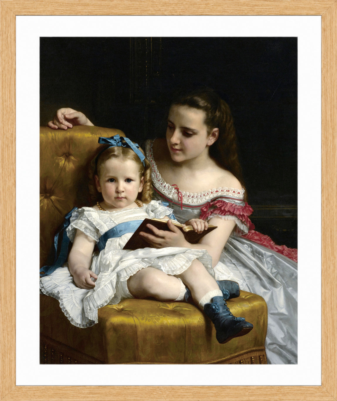 William-Adolphe Bouguereau Print, A portrait of Eva and Frances Johnston (1869) in a light oak frame