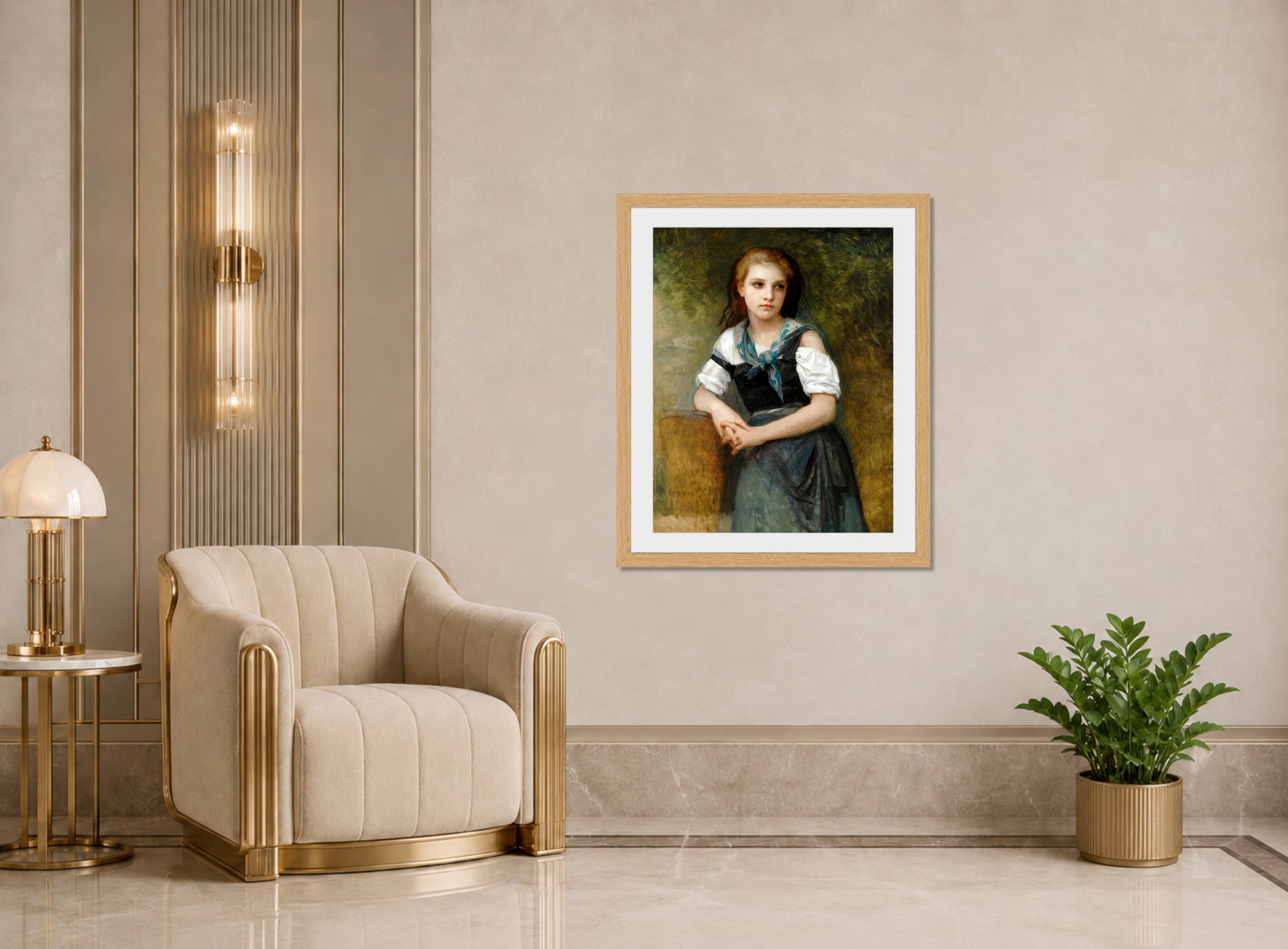 William-Adolphe Bouguereau Print, A Study For The Secret displayed in an Art Deco interior