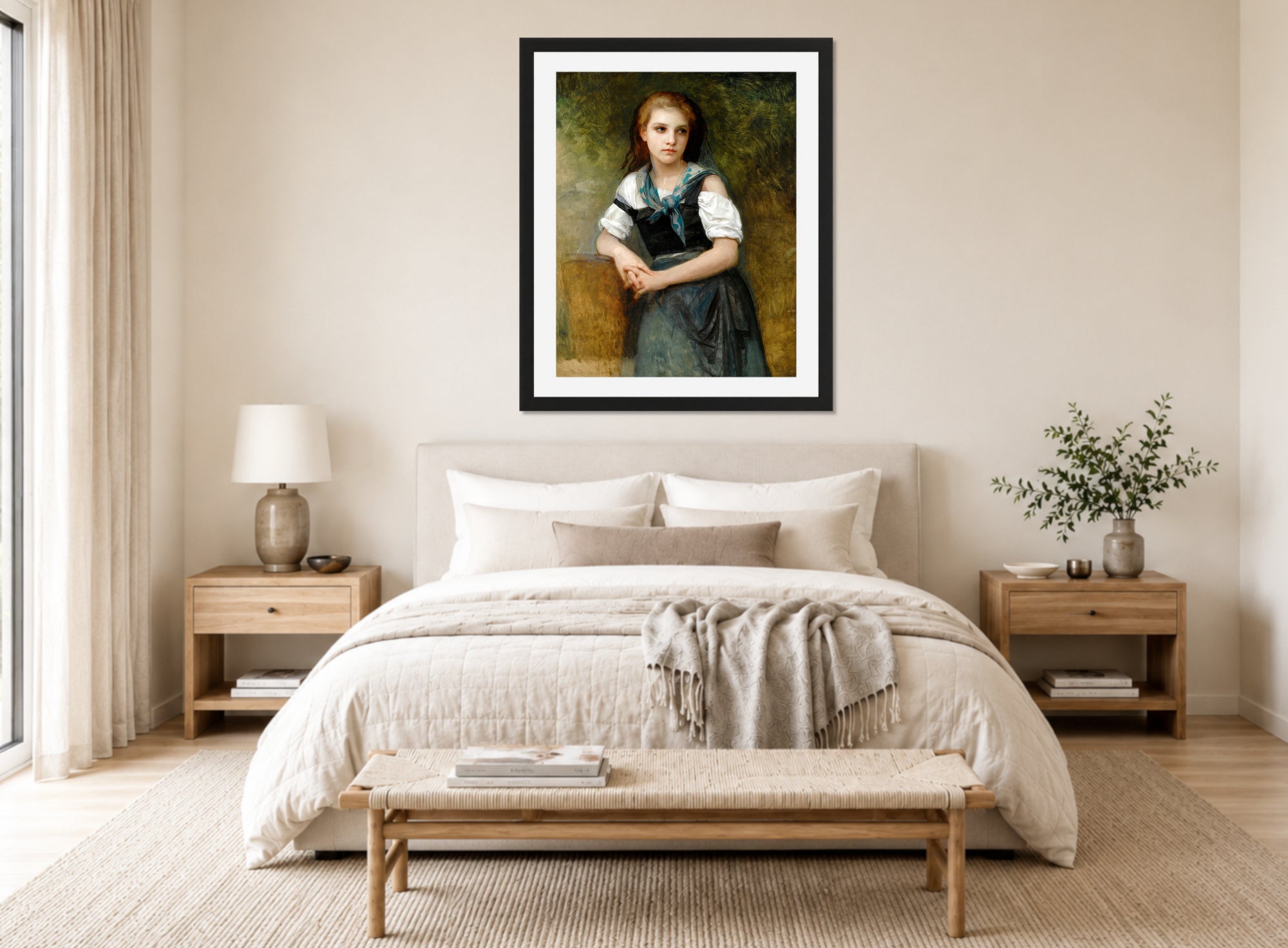 William-Adolphe Bouguereau Print, A Study For The Secret displayed above a bed