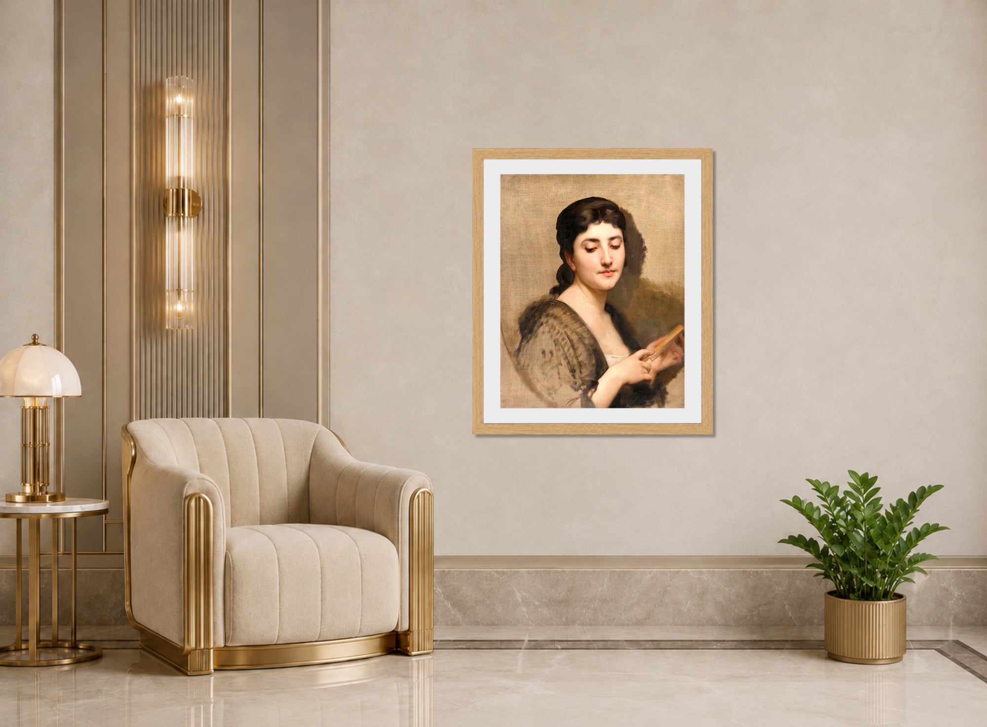William-Adolphe Bouguereau Print, A Young Woman with a Fan displayed in an Art Deco interior