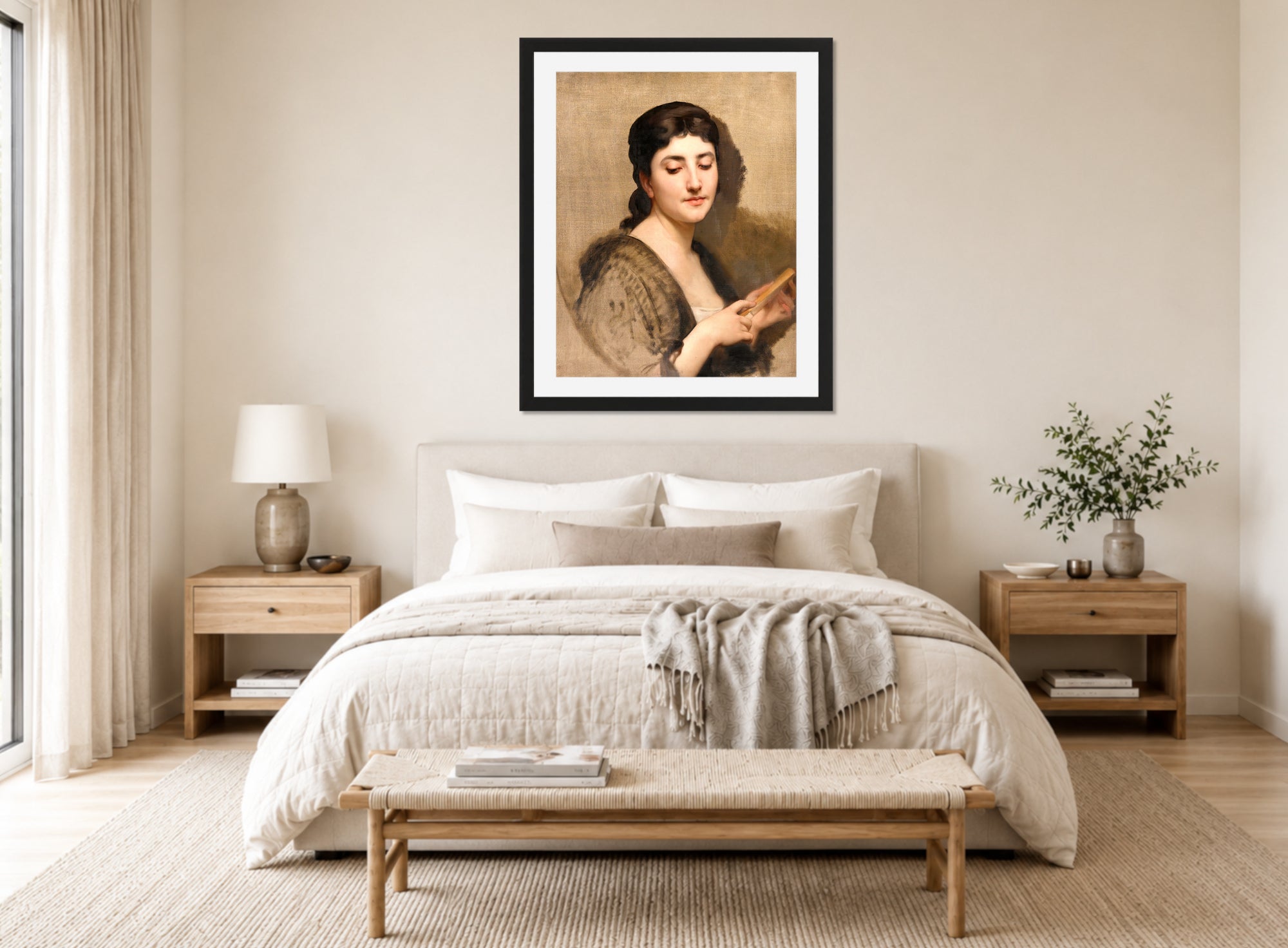 William-Adolphe Bouguereau Print, A Young Woman with a Fan displayed above a bed