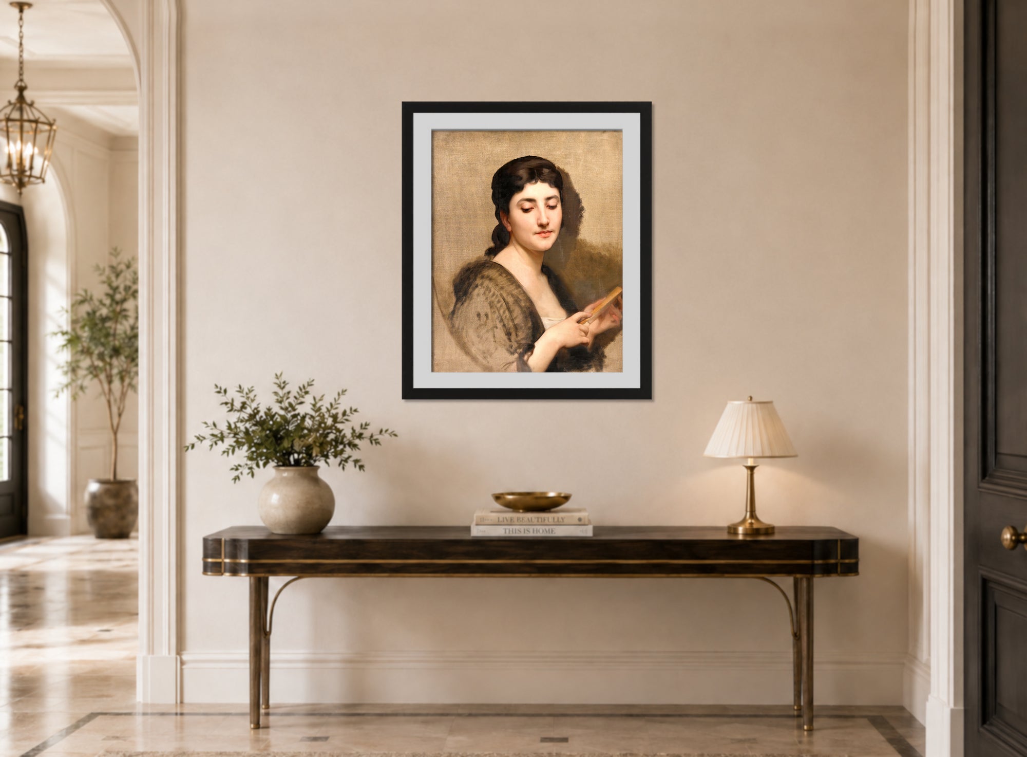 William-Adolphe Bouguereau Print, A Young Woman with a Fan displayed above a console table