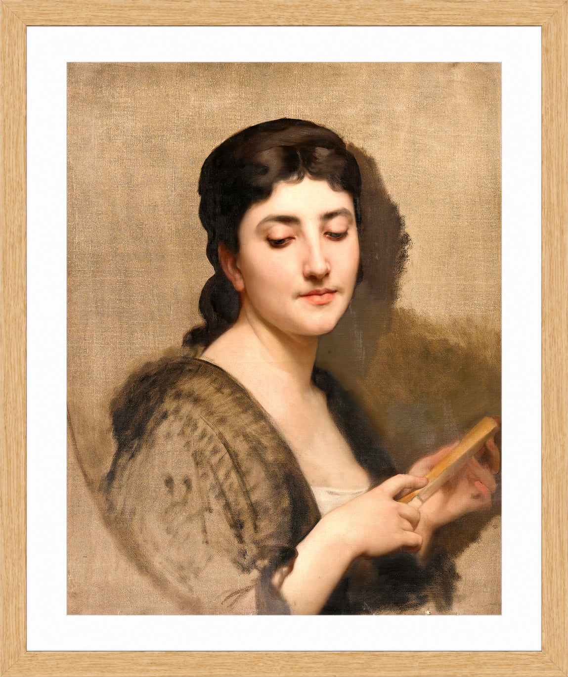 William-Adolphe Bouguereau Print, A Young Woman with a Fan in a light oak frame