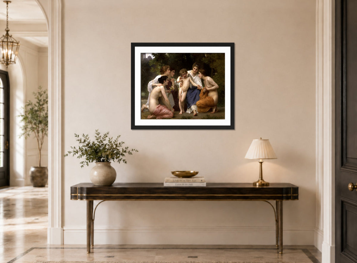 William-Adolphe Bouguereau Print, Admiration (1897) displayed above a console table