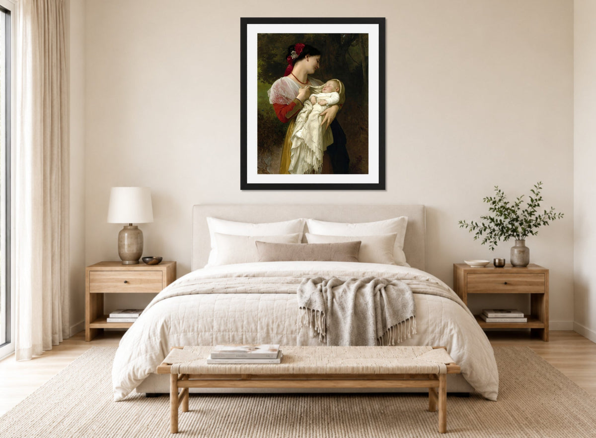 William-Adolphe Bouguereau Print, Admiration Maternelle displayed above a bed