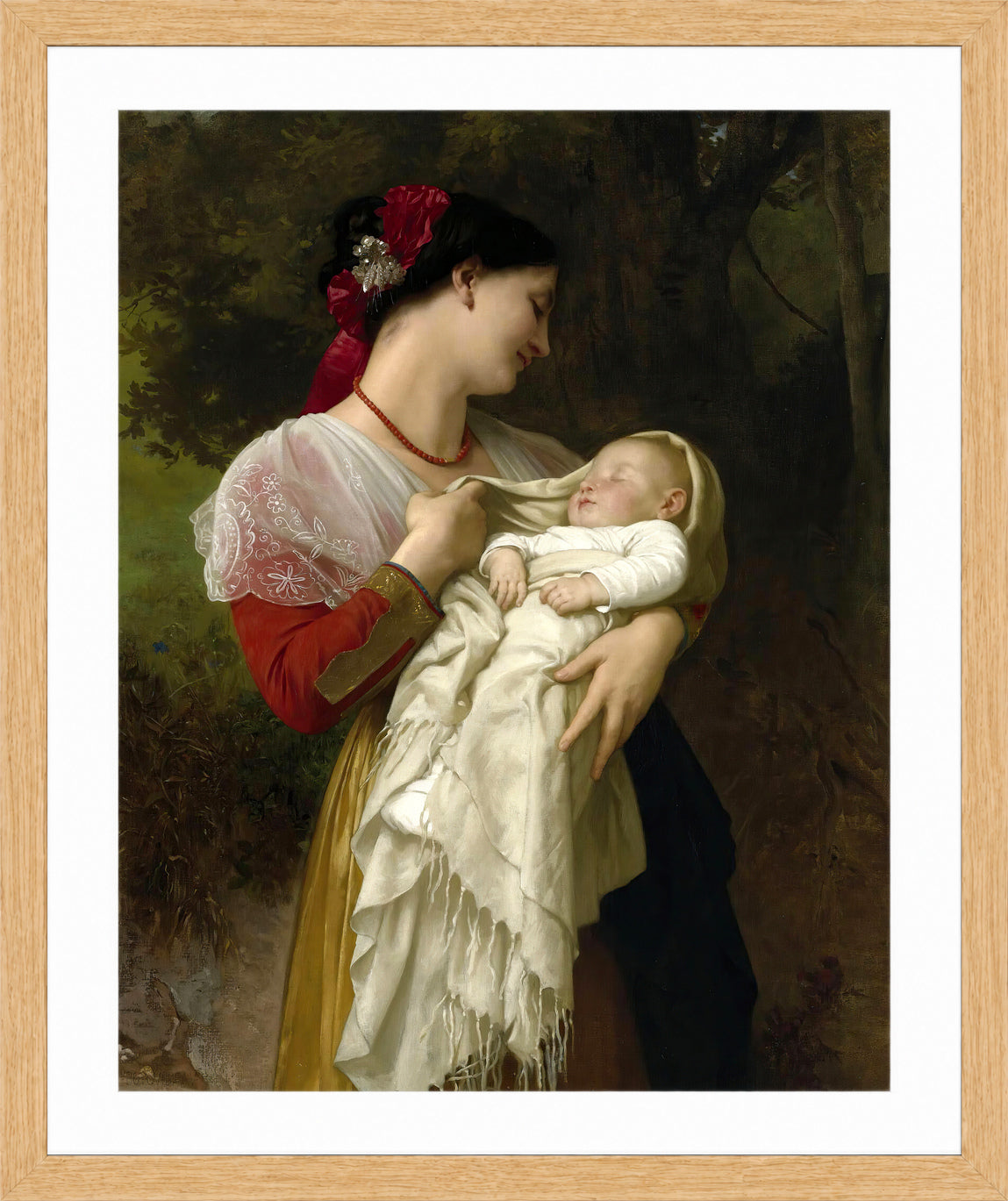 William-Adolphe Bouguereau Print, Admiration Maternelle in a light oak frame