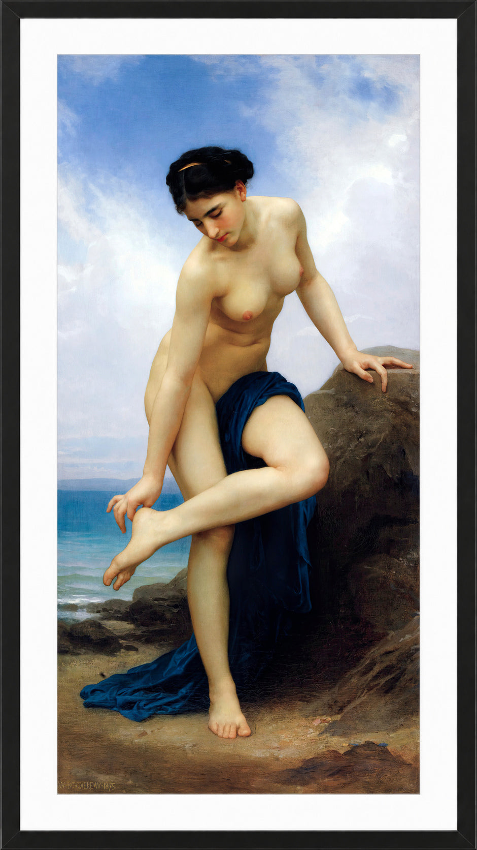 William-Adolphe Bouguereau Print, After the Bath (1875) in a black frame