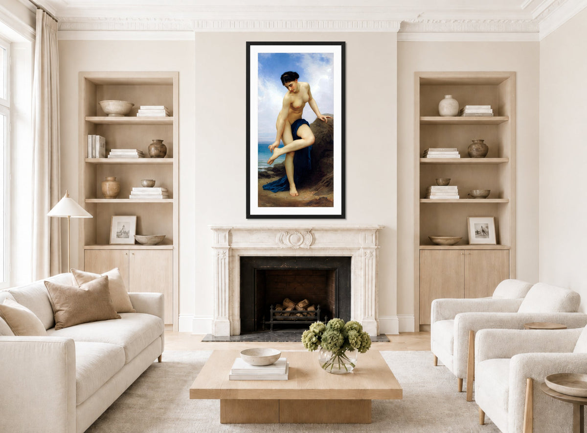 William-Adolphe Bouguereau Print, After the Bath (1875) displayed in a Scandinavian living room