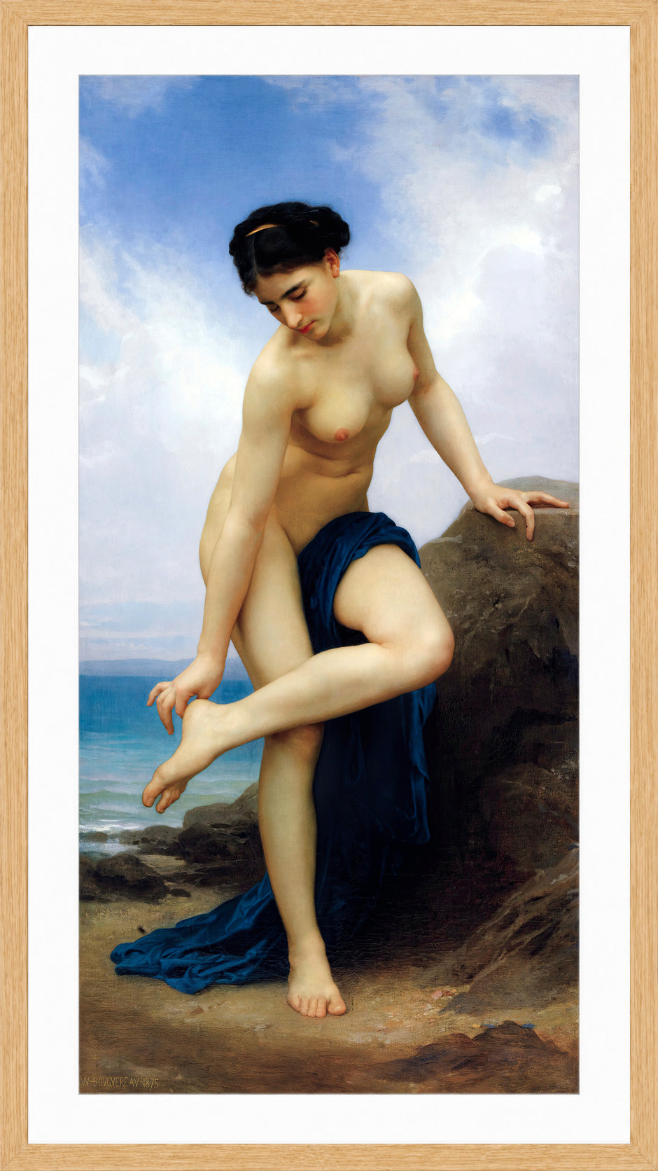 William-Adolphe Bouguereau Print, After the Bath (1875) in a light oak frame