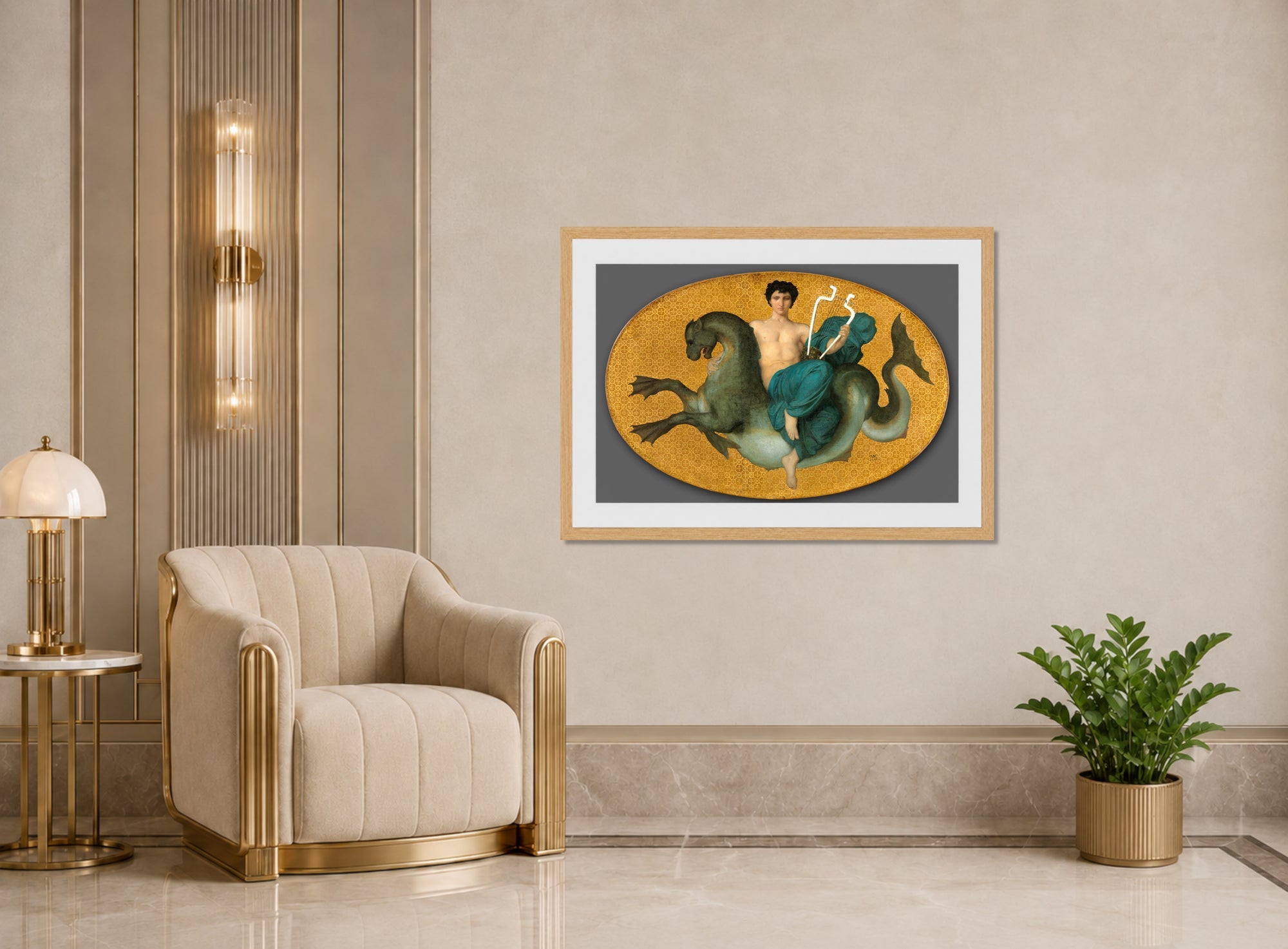 William-Adolphe Bouguereau Print, Arion on a Sea Horse (1855) displayed in an Art Deco interior