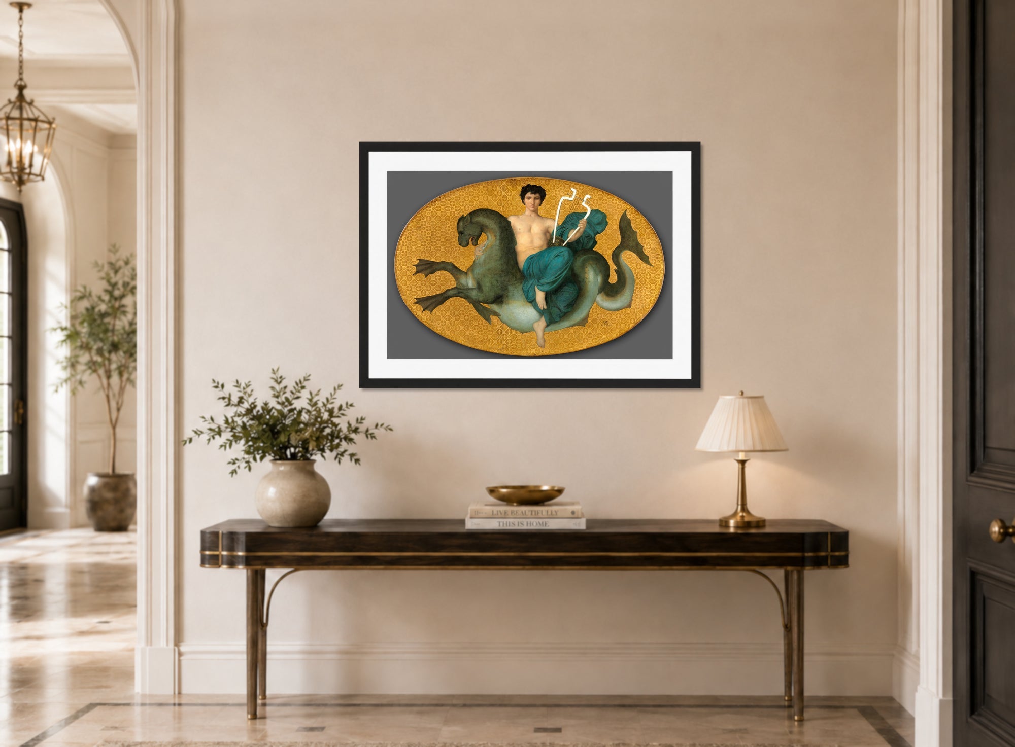 William-Adolphe Bouguereau Print, Arion on a Sea Horse (1855) displayed above a console table