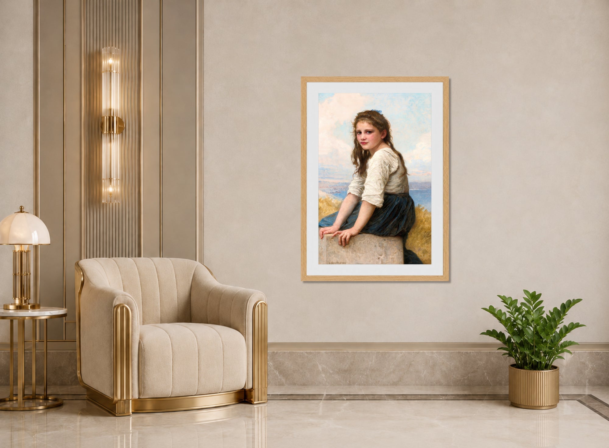 William-Adolphe Bouguereau Print, Au Bord De La Mer (1903) displayed in an Art Deco interior