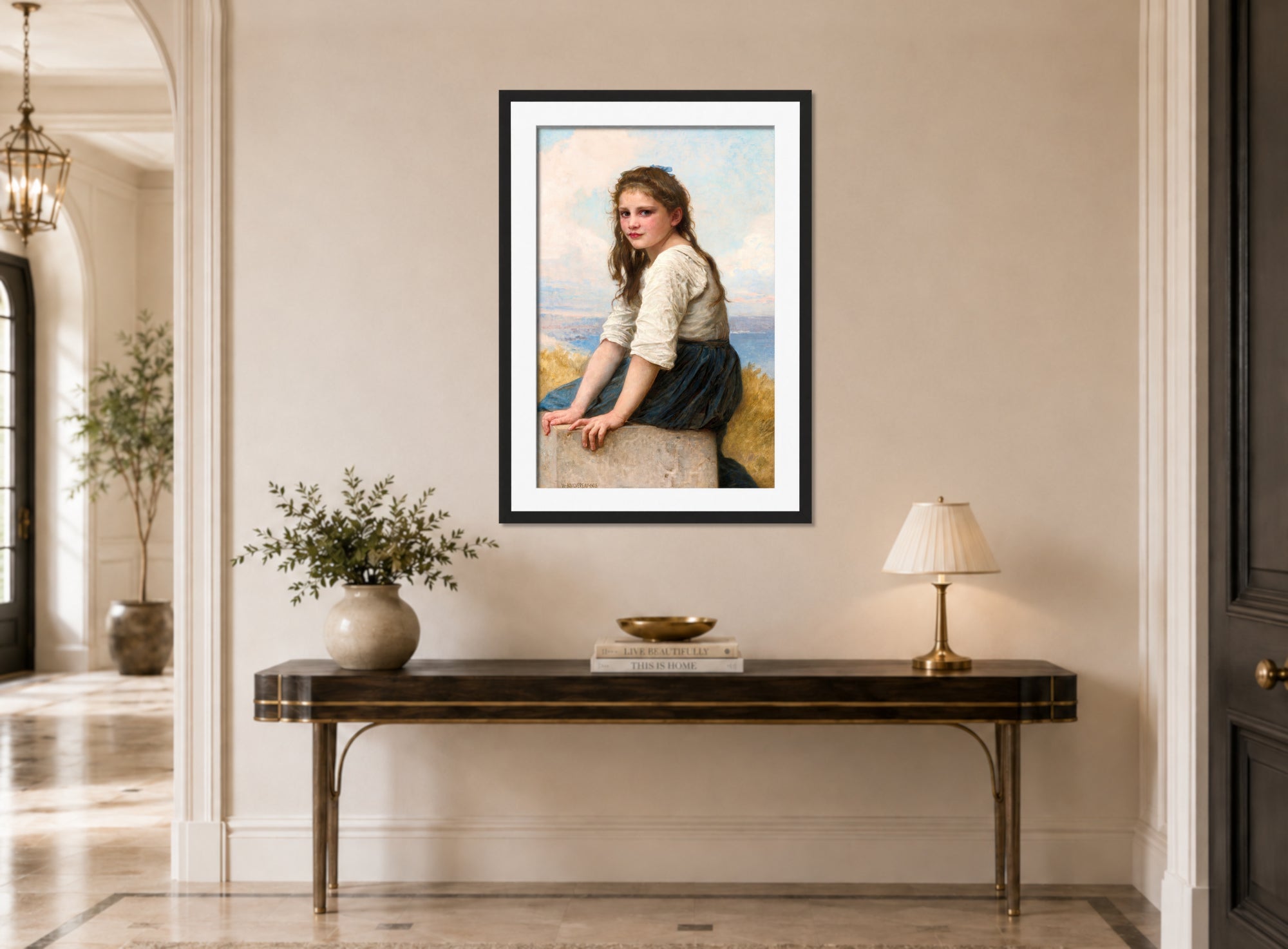 William-Adolphe Bouguereau Print, Au Bord De La Mer (1903) displayed above a console table