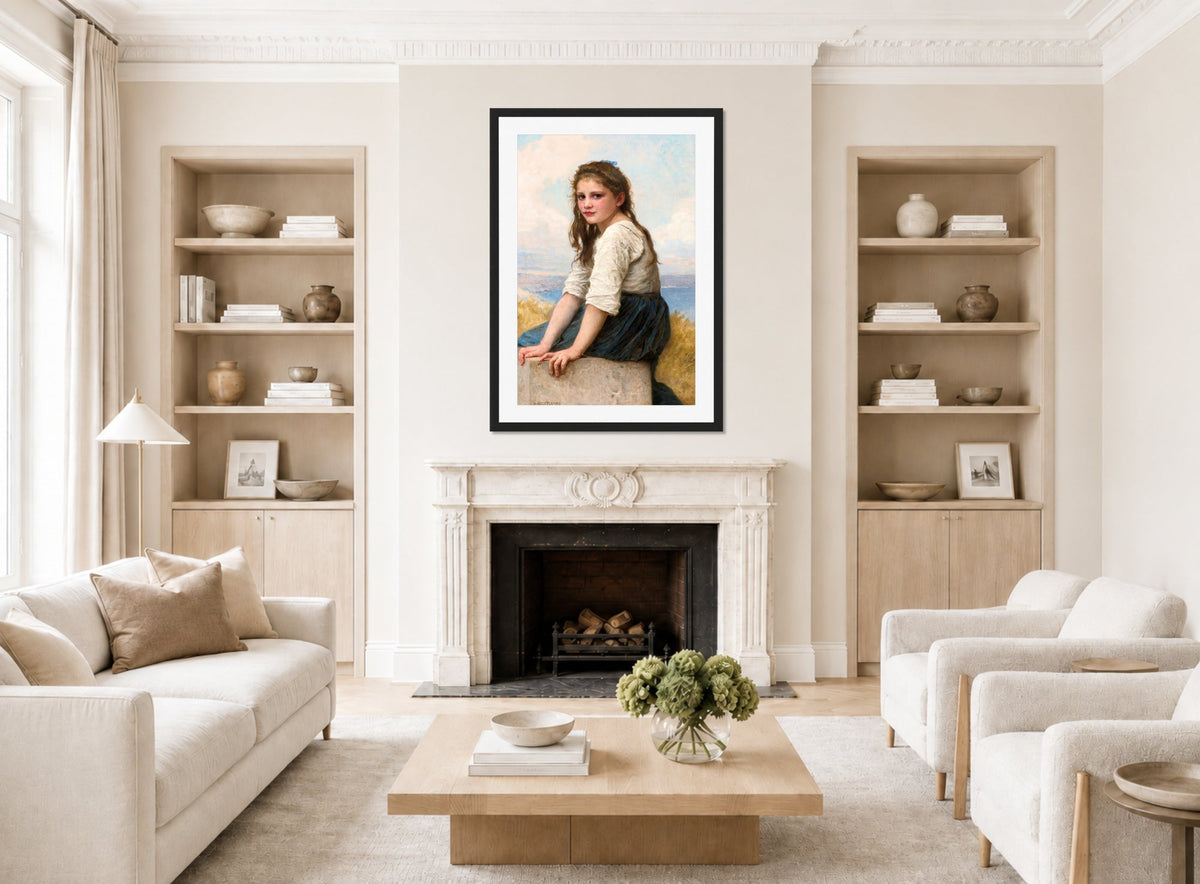 William-Adolphe Bouguereau Print, Au Bord De La Mer (1903) displayed in a Scandinavian living room