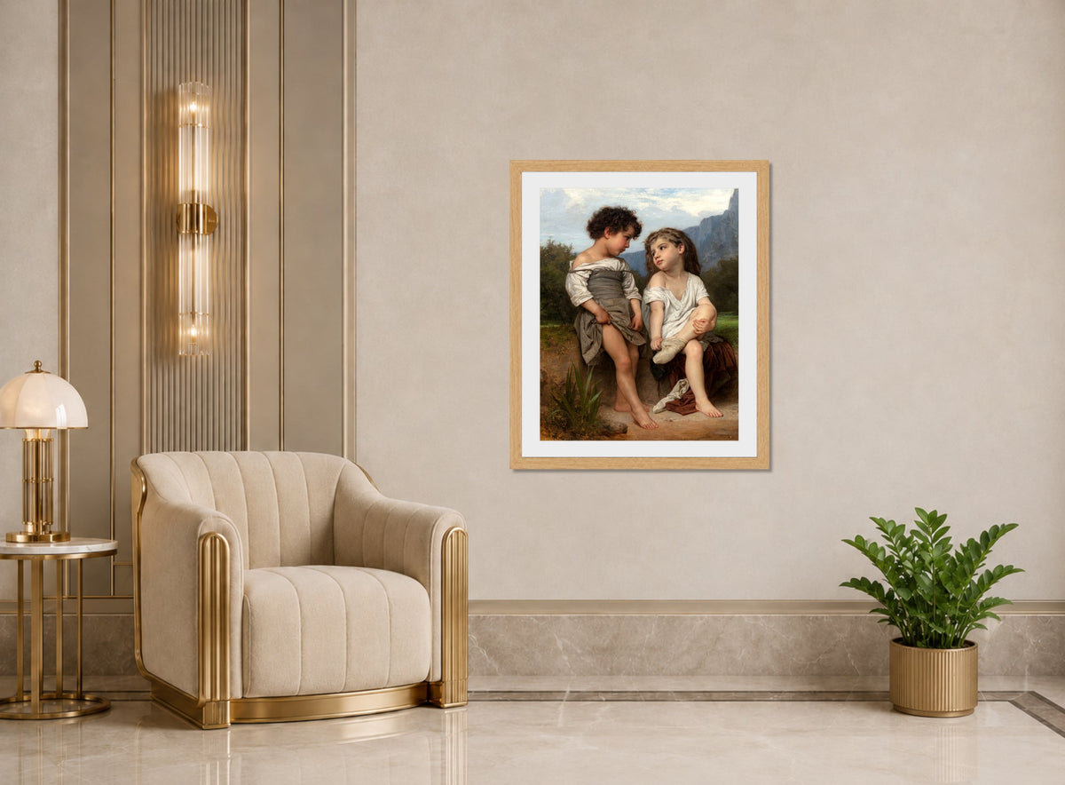William-Adolphe Bouguereau Print, Au bord du ruisseau displayed in an Art Deco interior
