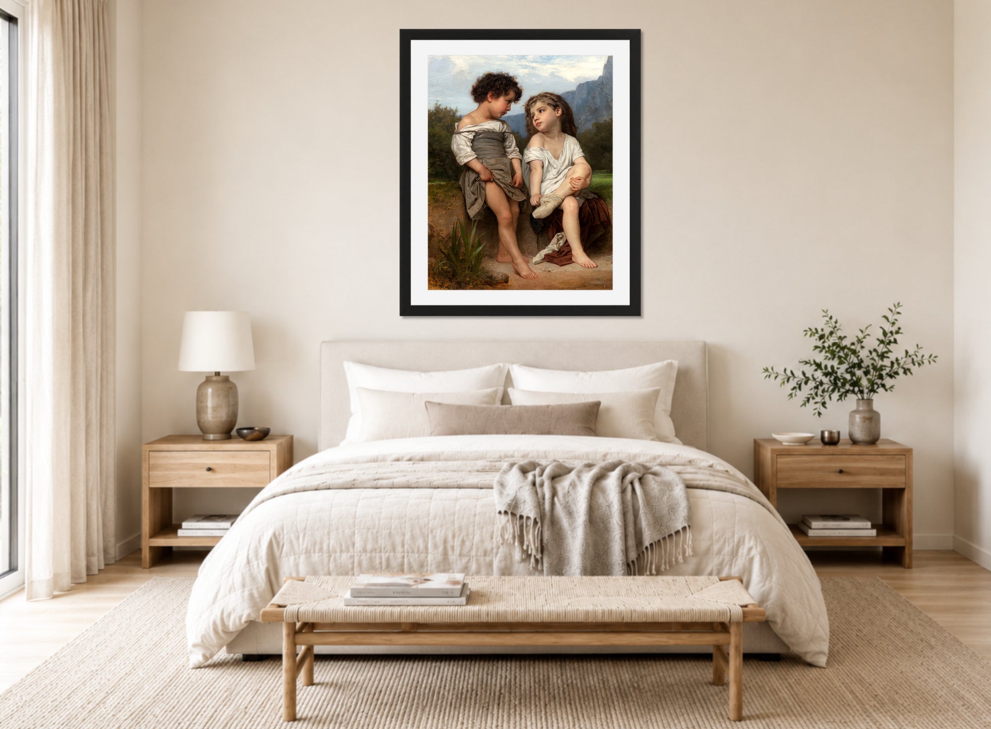 William-Adolphe Bouguereau Print, Au bord du ruisseau displayed above a bed