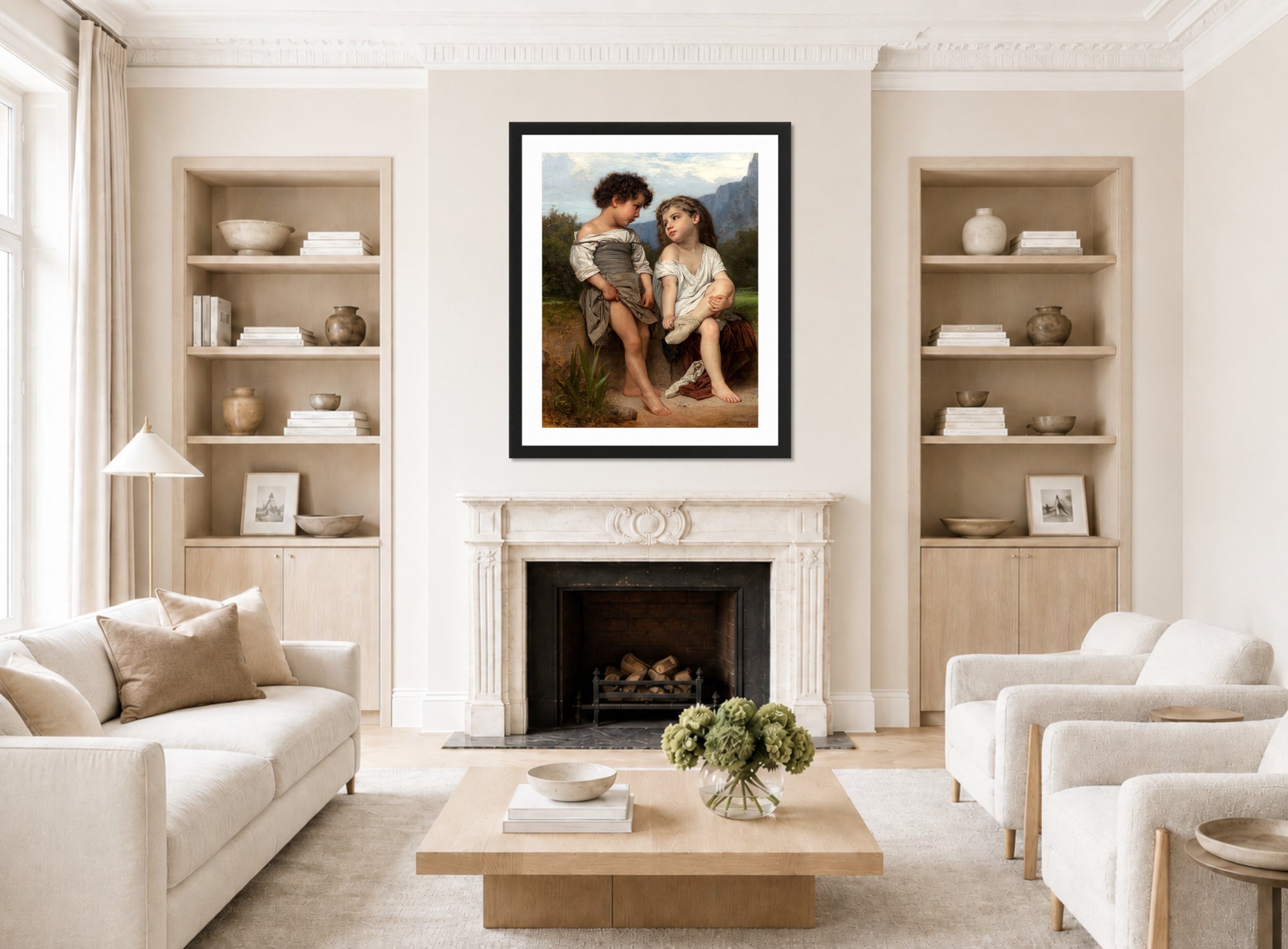 William-Adolphe Bouguereau Print, Au bord du ruisseau displayed in a Scandinavian living room