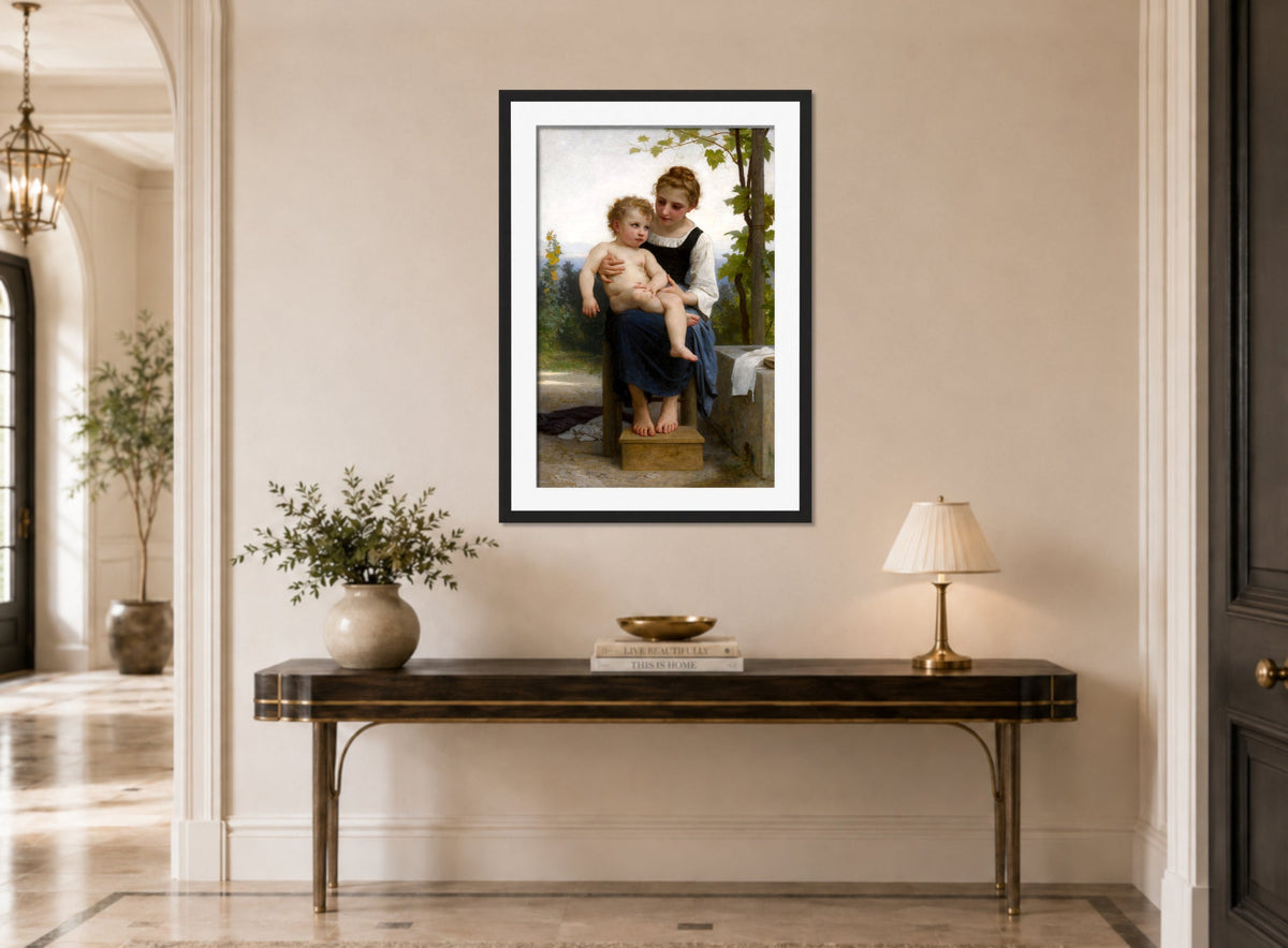 William-Adolphe Bouguereau Print, Avant le bain (1891) displayed above a console table
