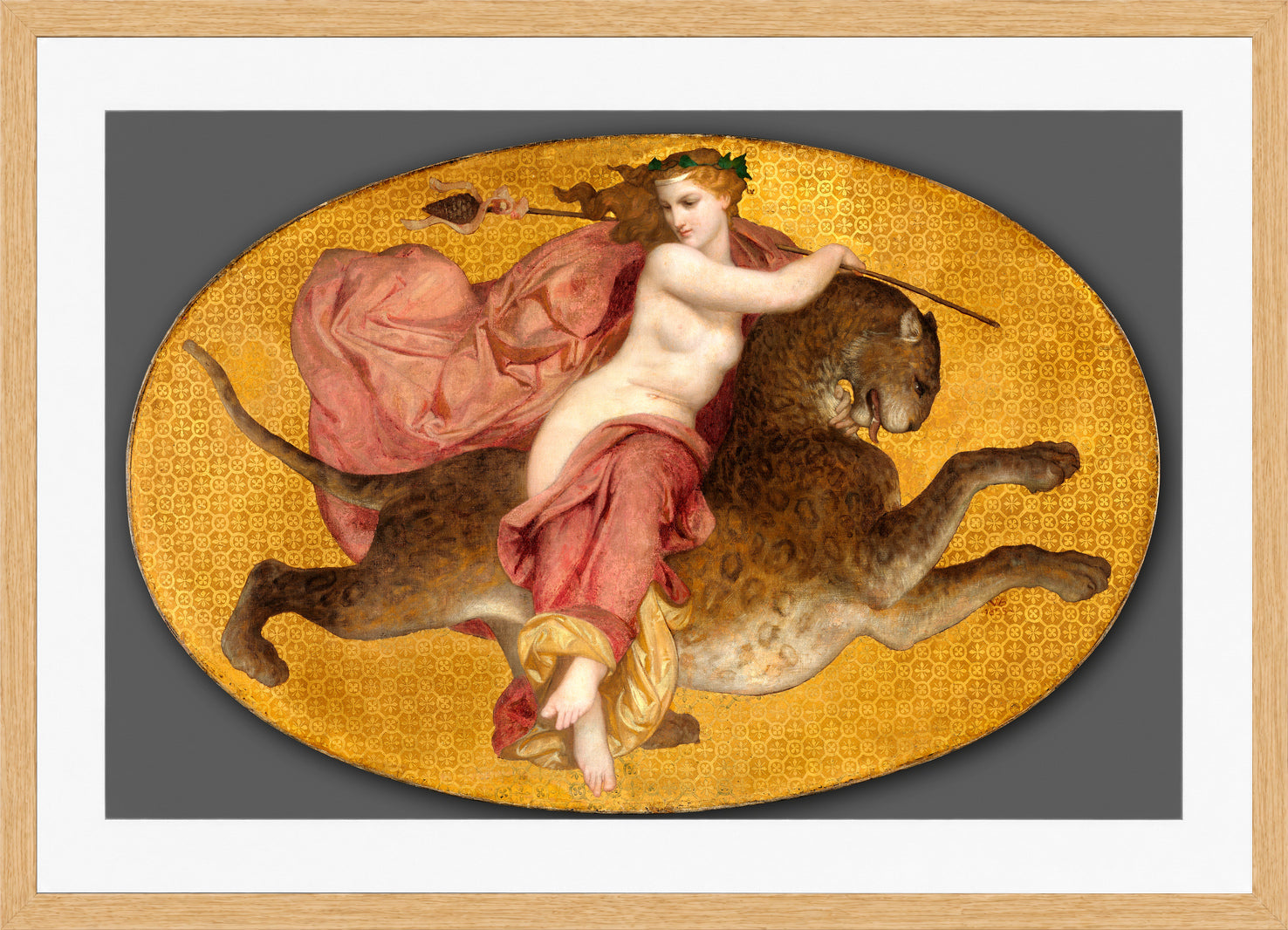 William-Adolphe Bouguereau Print, Bacchante on a Panther (1855) in a light oak frame