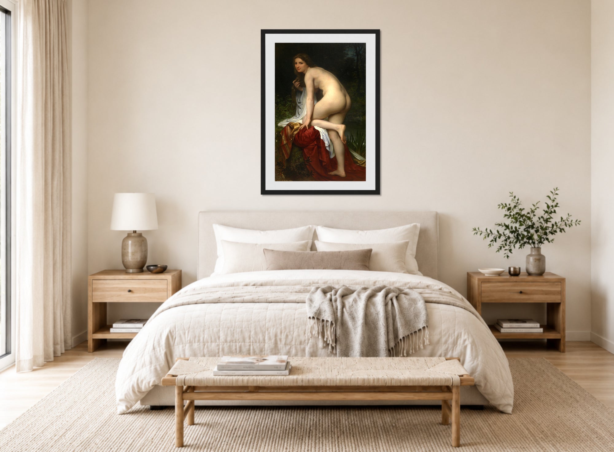 William-Adolphe Bouguereau Print, Bathing Woman (1864) displayed above a bed