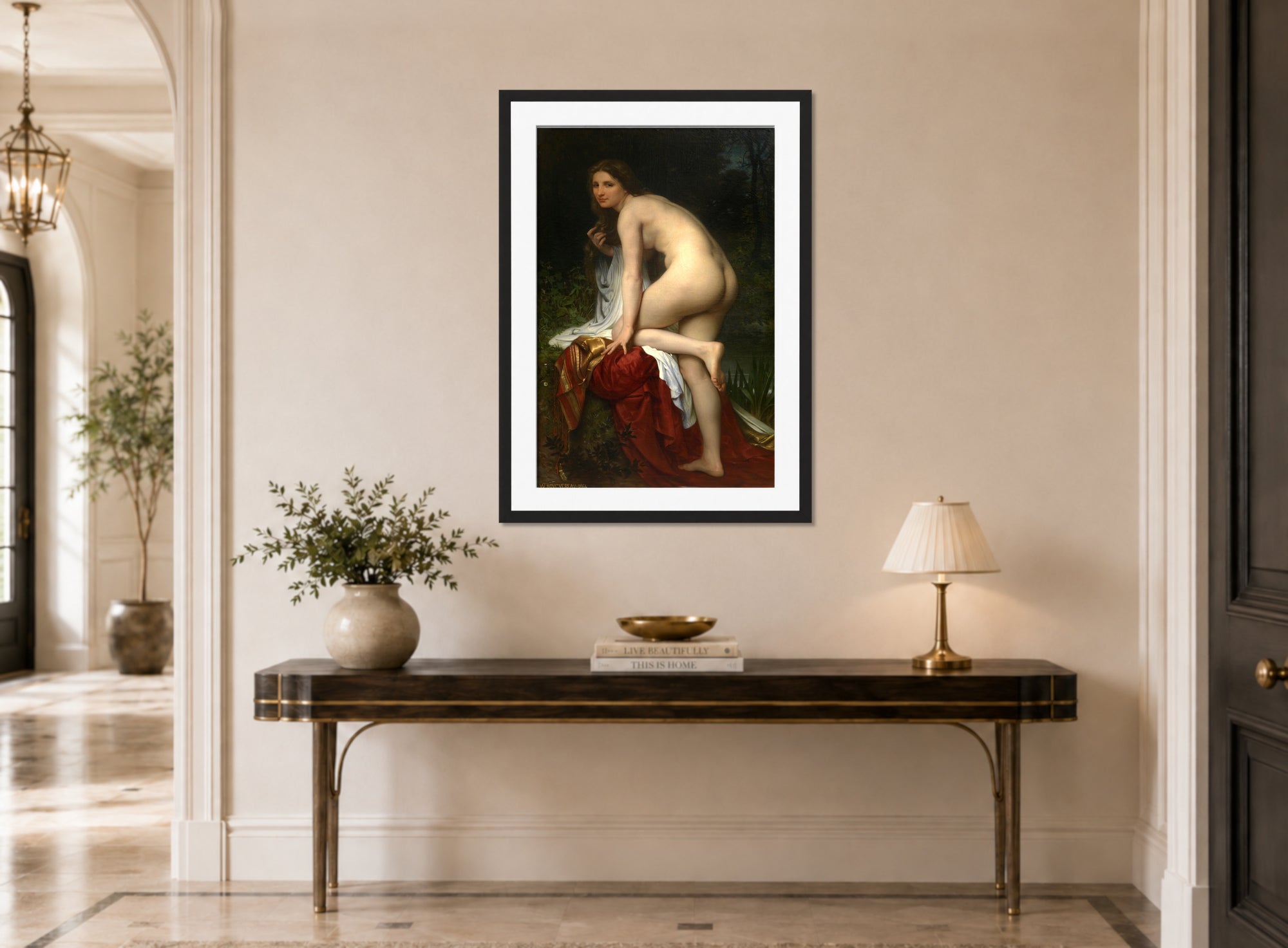 William-Adolphe Bouguereau Print, Bathing Woman (1864) displayed above a console table