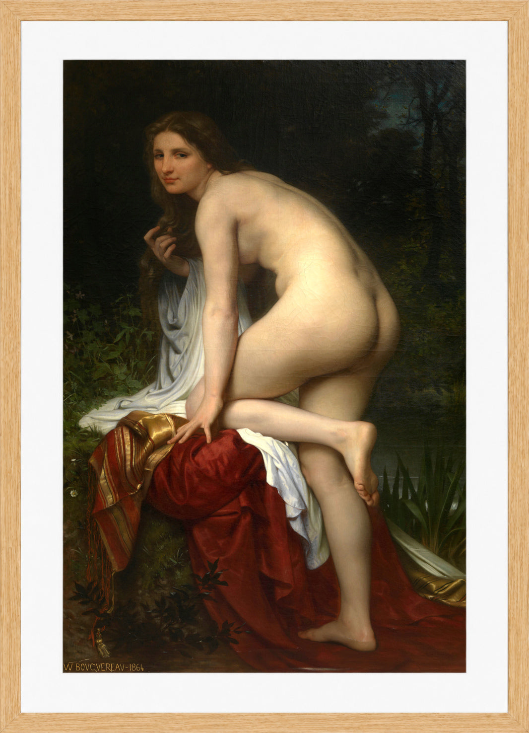 William-Adolphe Bouguereau Print, Bathing Woman (1864) in a light oak frame