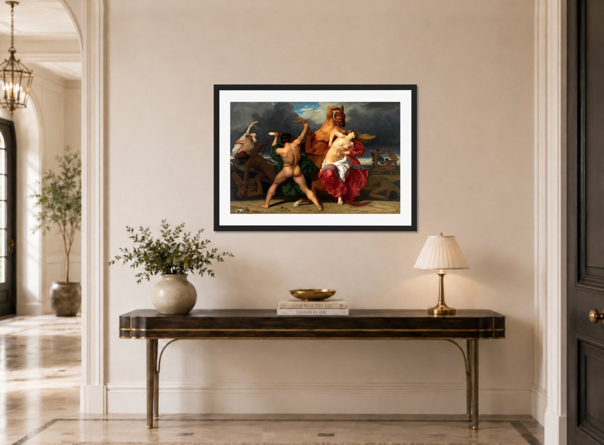 William-Adolphe Bouguereau Print, Battle Of The Centaurs And The Lapiths (1852) displayed above a console table