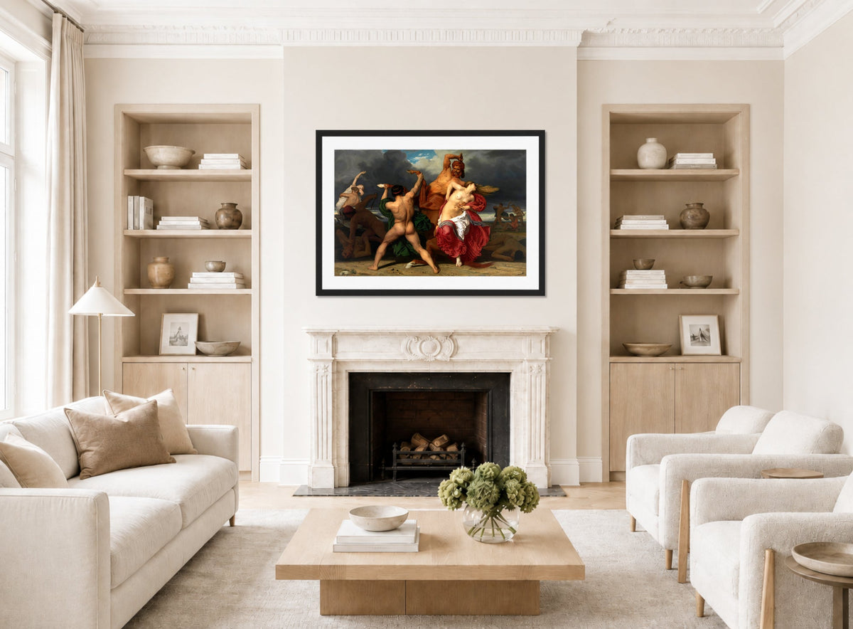 William-Adolphe Bouguereau Print, Battle Of The Centaurs And The Lapiths (1852) displayed in a Scandinavian living room