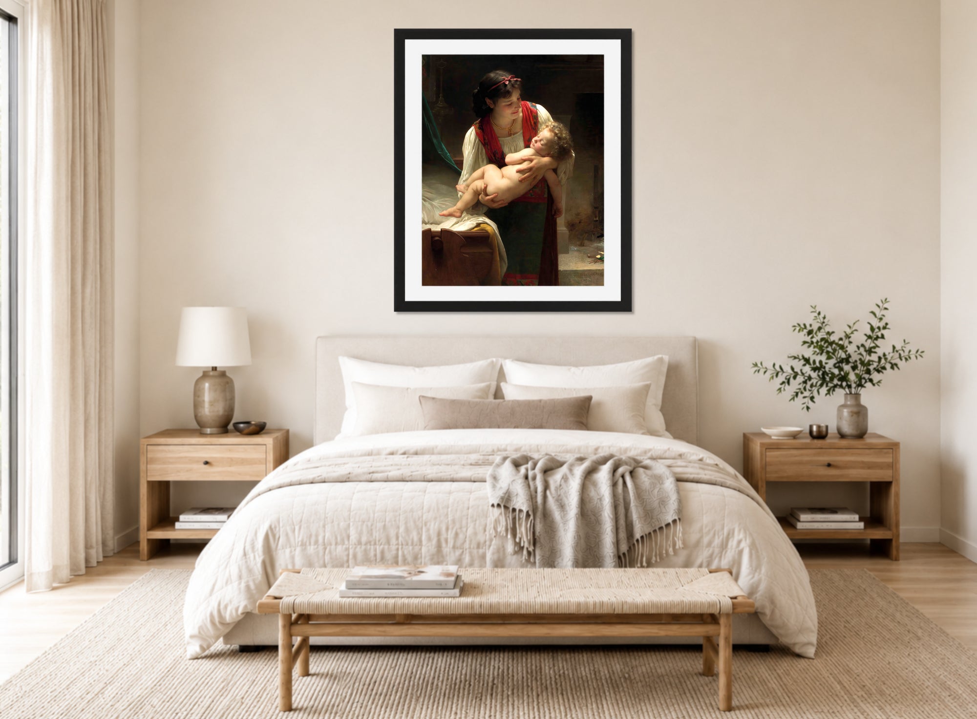 William-Adolphe Bouguereau Print, Berceuse (Le coucher) (1873) displayed above a bed