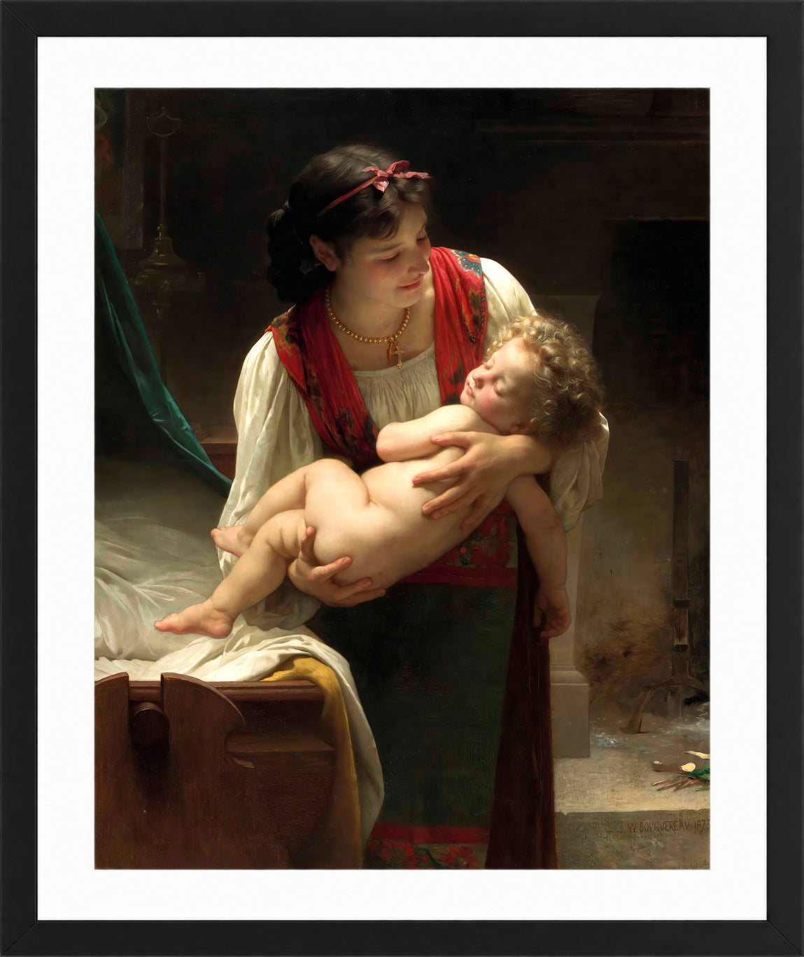 William-Adolphe Bouguereau Print, Berceuse (Le coucher) (1873) in a black frame