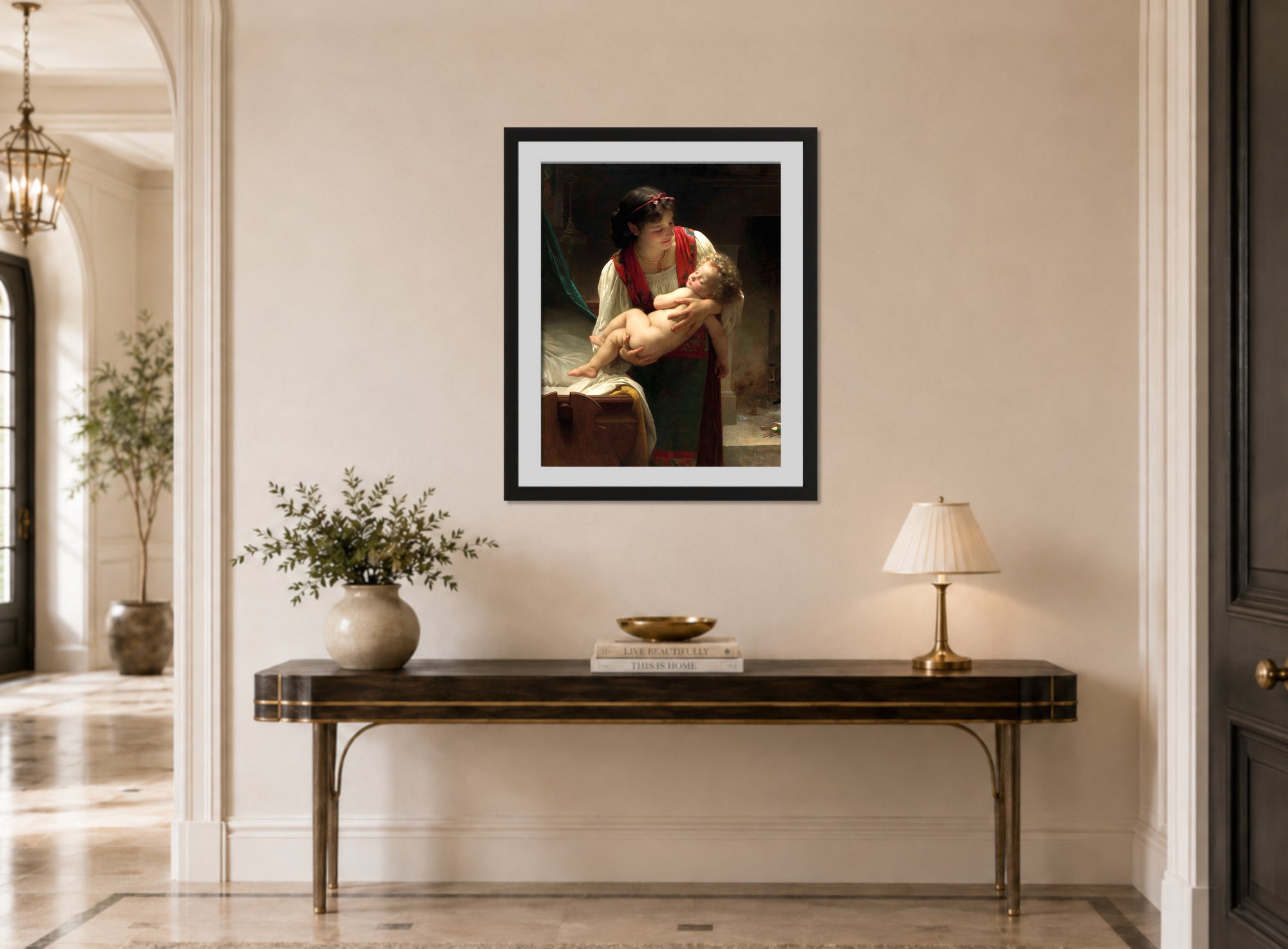 William-Adolphe Bouguereau Print, Berceuse (Le coucher) (1873) displayed above a console table