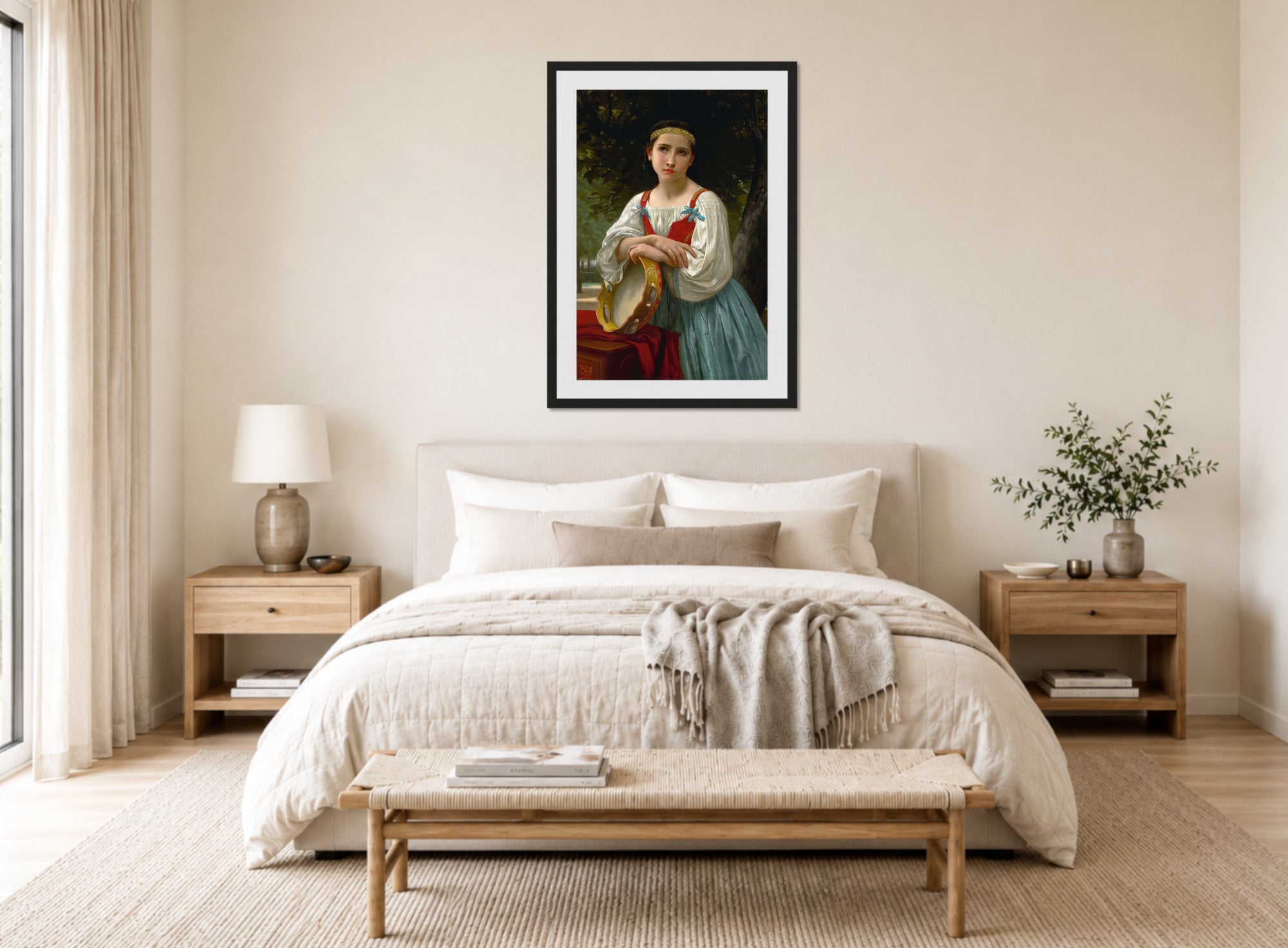 William-Adolphe Bouguereau Print, Bohémienne Au Tambour De Basque displayed above a bed