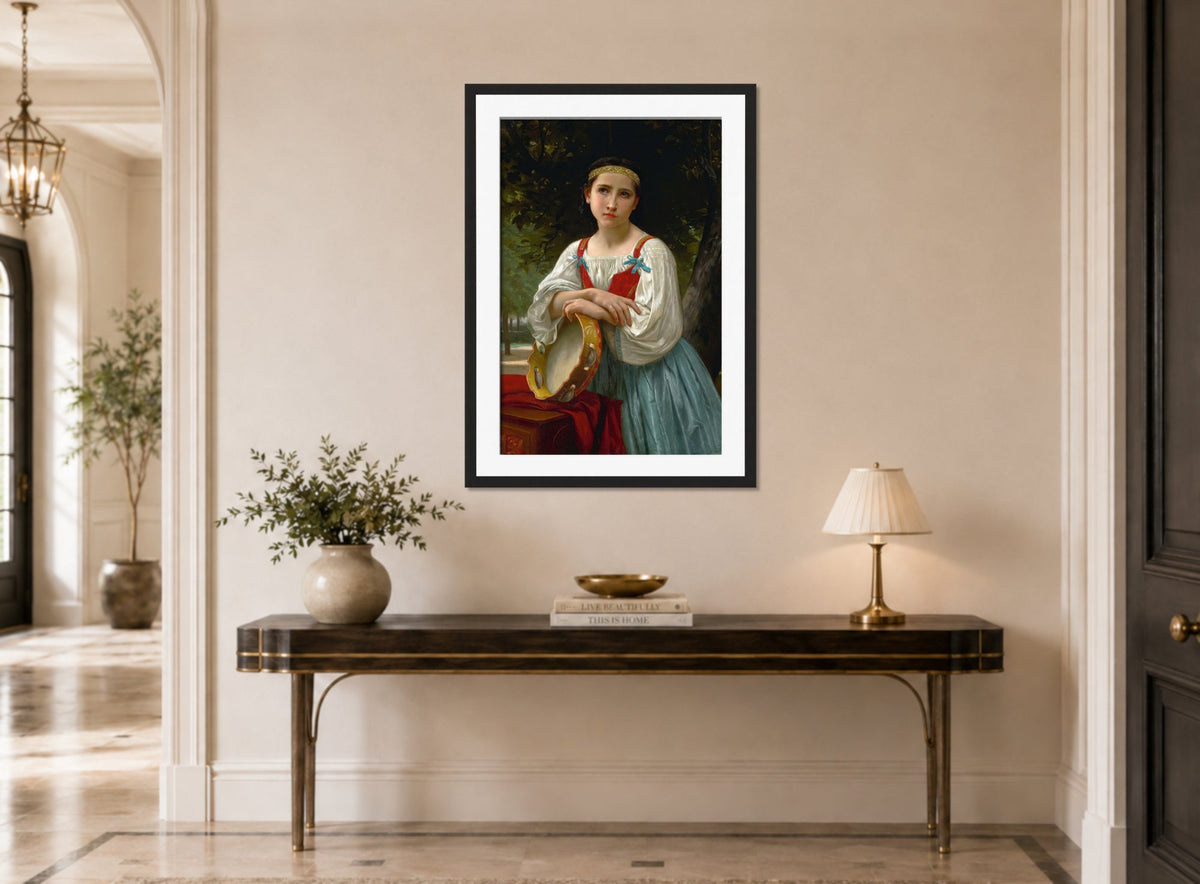 William-Adolphe Bouguereau Print, Bohémienne Au Tambour De Basque displayed above a console table
