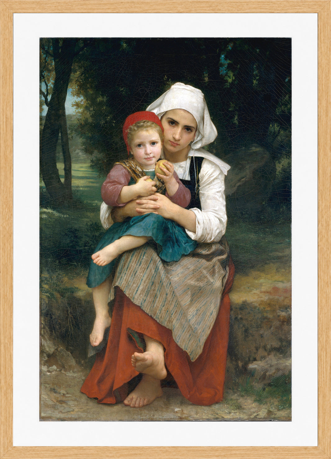 William-Adolphe Bouguereau Print, Breton Brother and Sister (1871) in a light oak frame