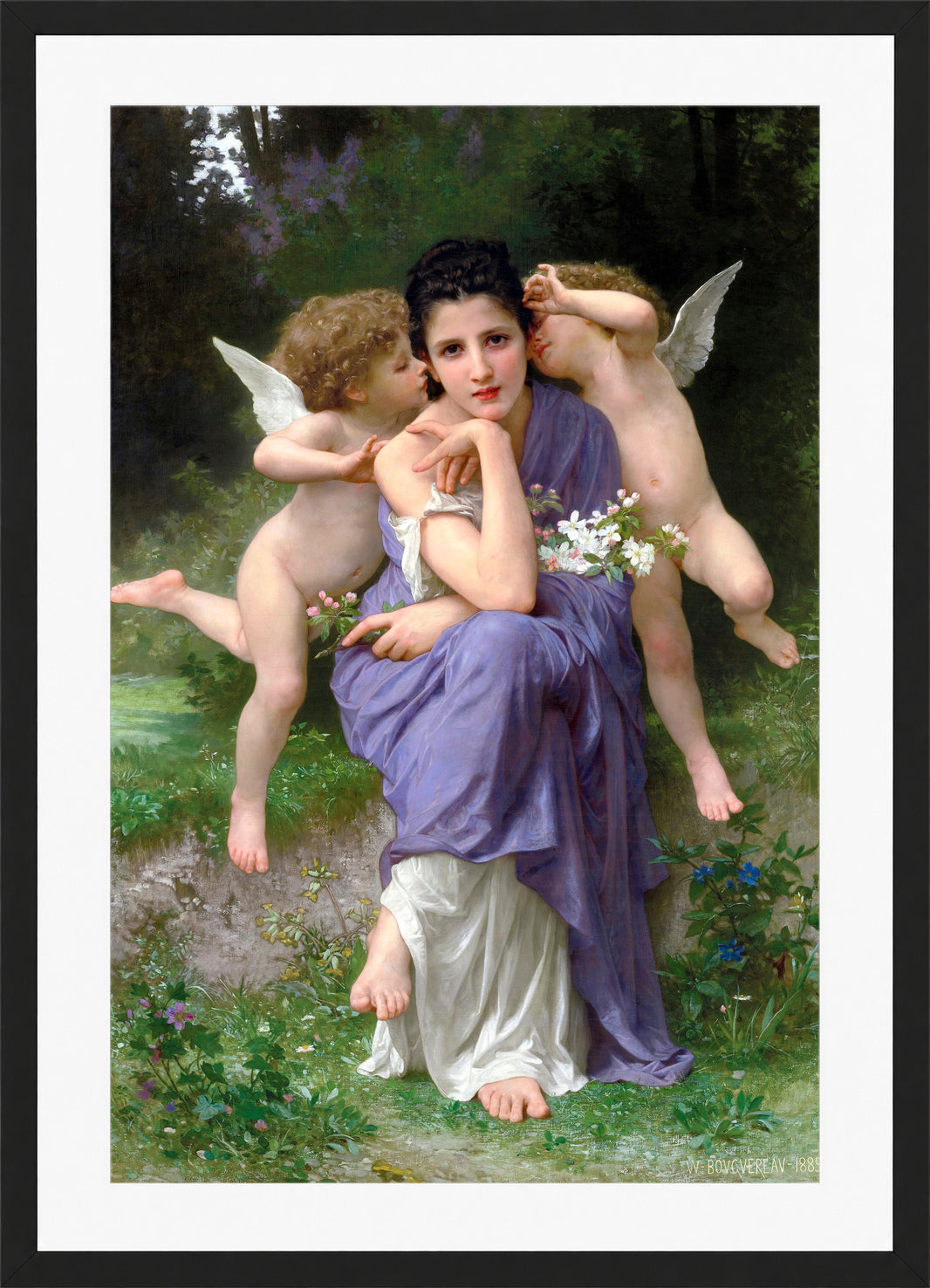 William-Adolphe Bouguereau Print, Chansons de printemps (1889) in a black frame