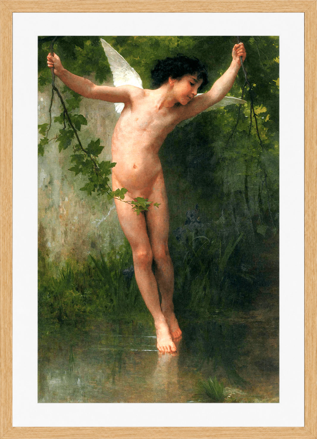 William-Adolphe Bouguereau Print, Cupid flying over water (1900) in a light oak frame