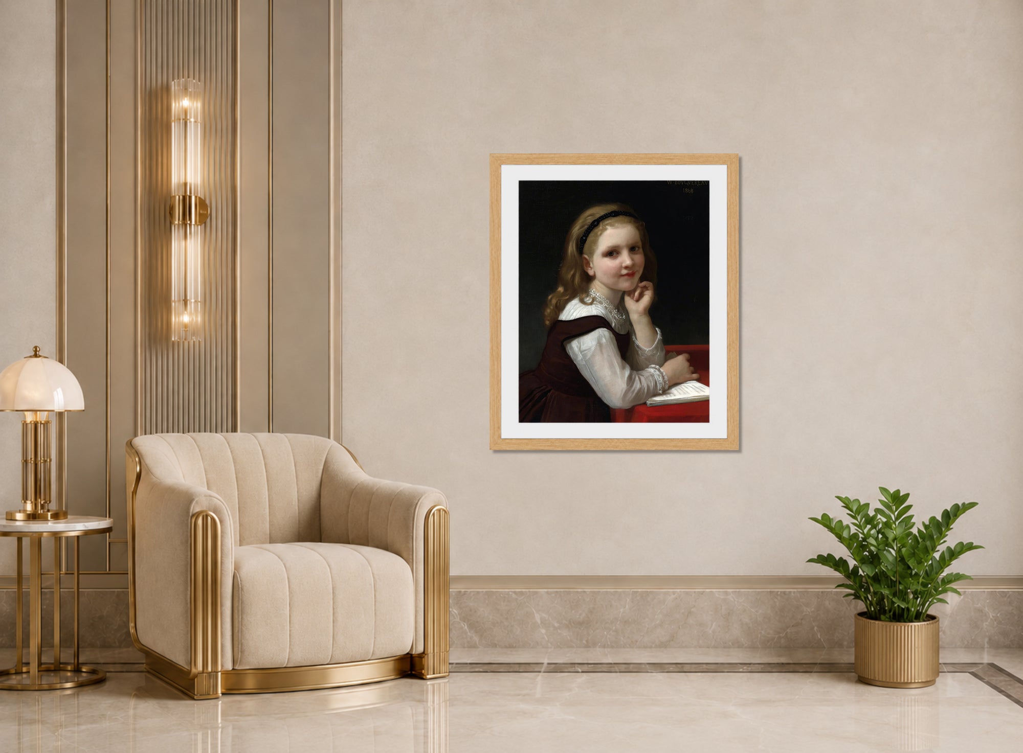William-Adolphe Bouguereau Print, Distraction (1868) displayed in an Art Deco interior