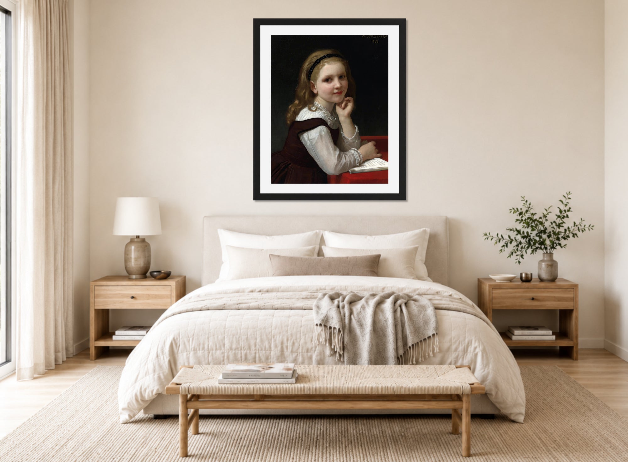 William-Adolphe Bouguereau Print, Distraction (1868) displayed above a bed
