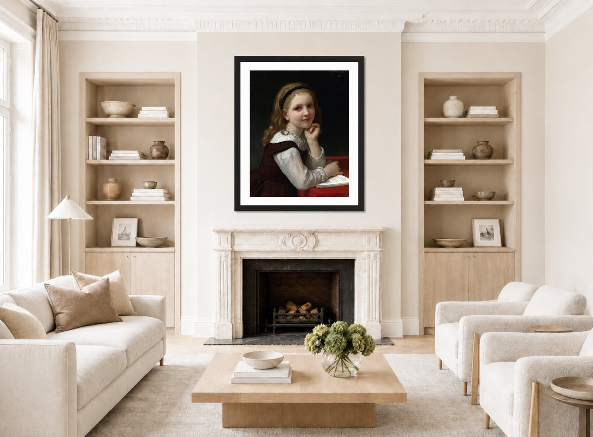 William-Adolphe Bouguereau Print, Distraction (1868) displayed in a Scandinavian living room