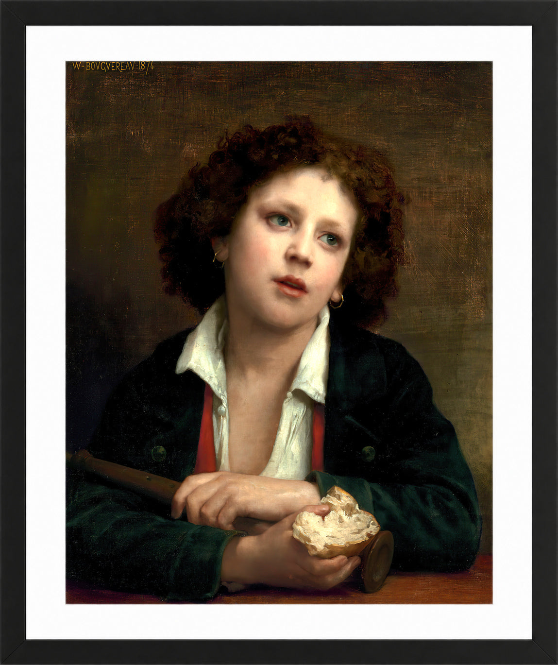 William-Adolphe Bouguereau Print, Enfant italien tenant une croute de pain (1874) in a black frame