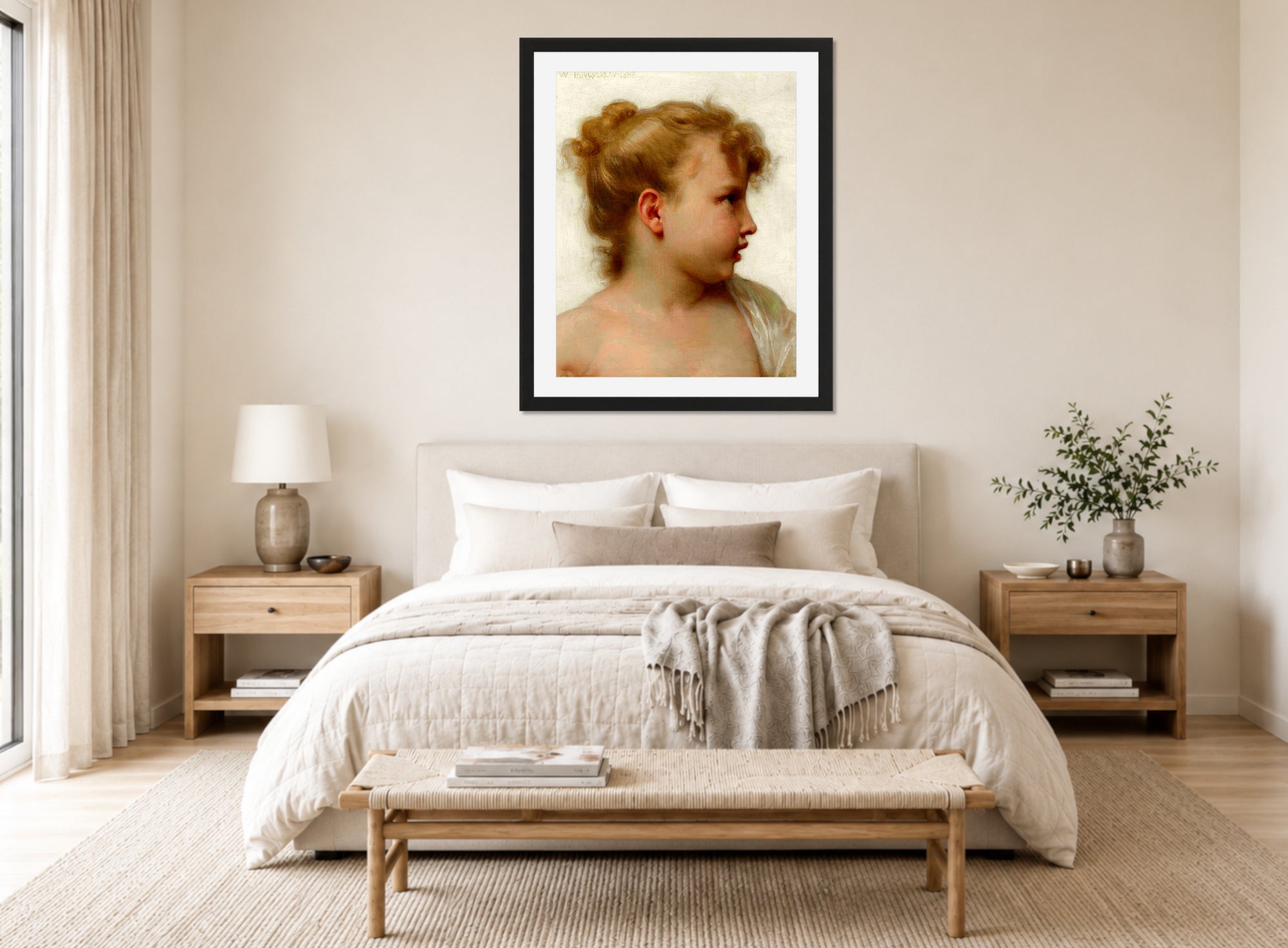 William-Adolphe Bouguereau Print, Etude; tête de petite fille (visage de profil) (1888) displayed above a bed