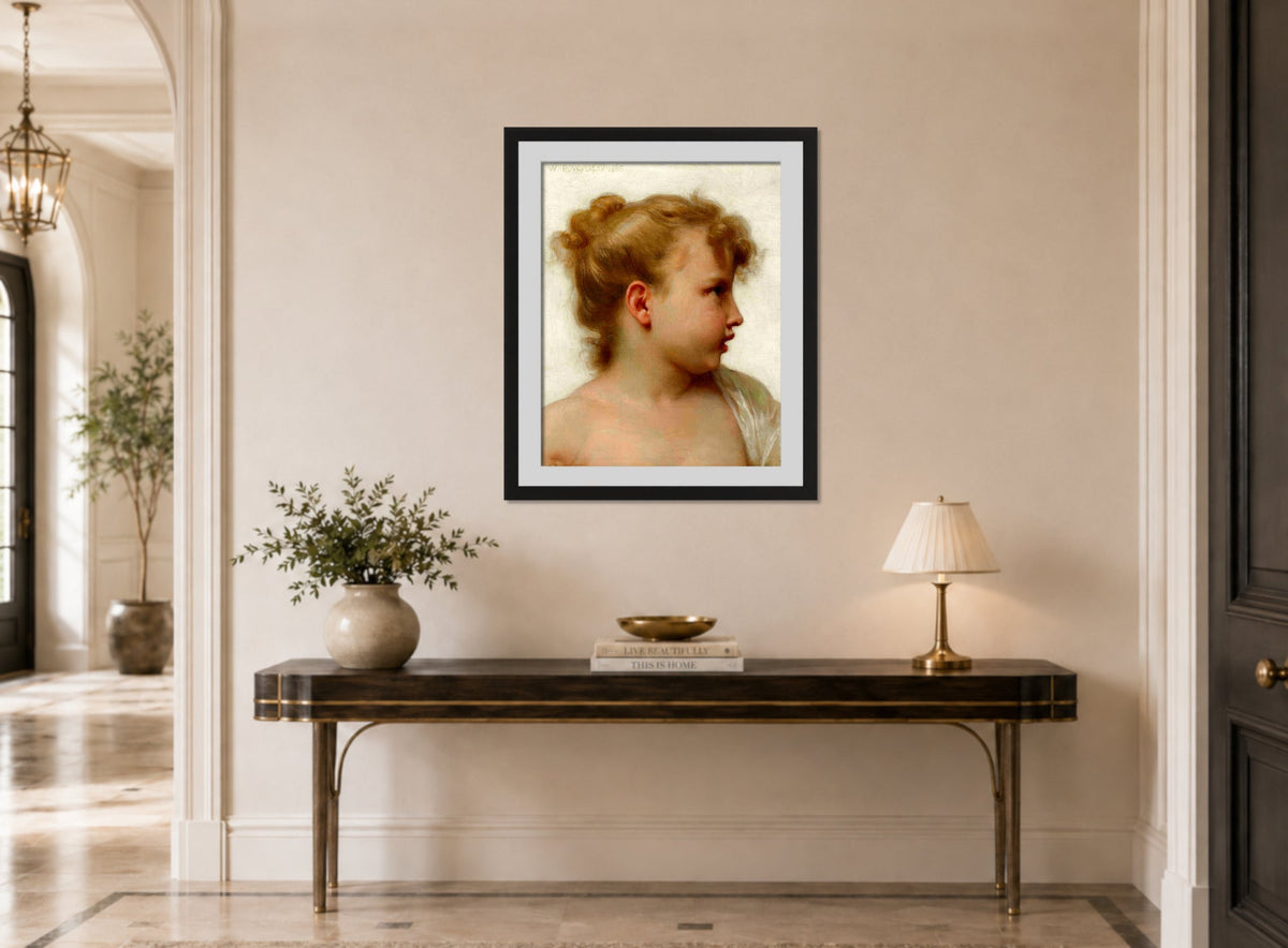 William-Adolphe Bouguereau Print, Etude; tête de petite fille (visage de profil) (1888) displayed above a console table