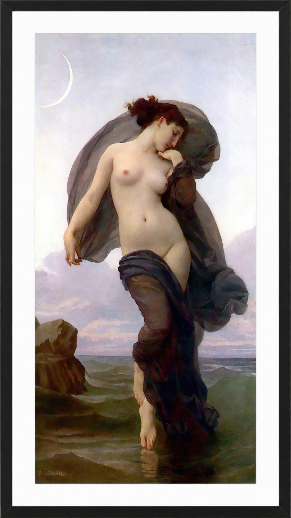 William-Adolphe Bouguereau Print, Evening Mood (1882) in a black frame
